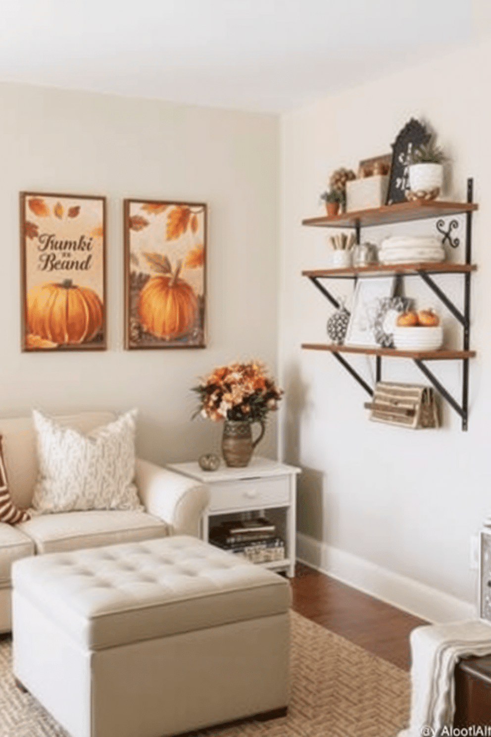 Create a cozy living room that features seasonal artwork on the walls. The artwork includes autumn-themed prints showcasing pumpkins and falling leaves, enhancing the warm ambiance of the space. Incorporate smart storage solutions to maximize the functionality of a small area. Use multi-purpose furniture like an ottoman with hidden storage and wall-mounted shelves to display decorative items while keeping the space organized.