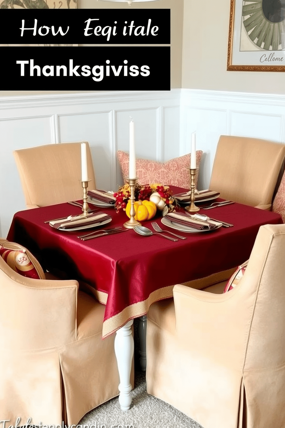 A cozy dining nook designed for Thanksgiving celebrations in a small space. The table is set with a rich burgundy tablecloth, adorned with gold metallic accents like candle holders and flatware, creating an elegant atmosphere. Surrounding the table are plush upholstered chairs in a warm cream color, inviting guests to sit comfortably. A small centerpiece features seasonal elements like pumpkins and autumn leaves, enhancing the festive decor while maintaining a sense of space.