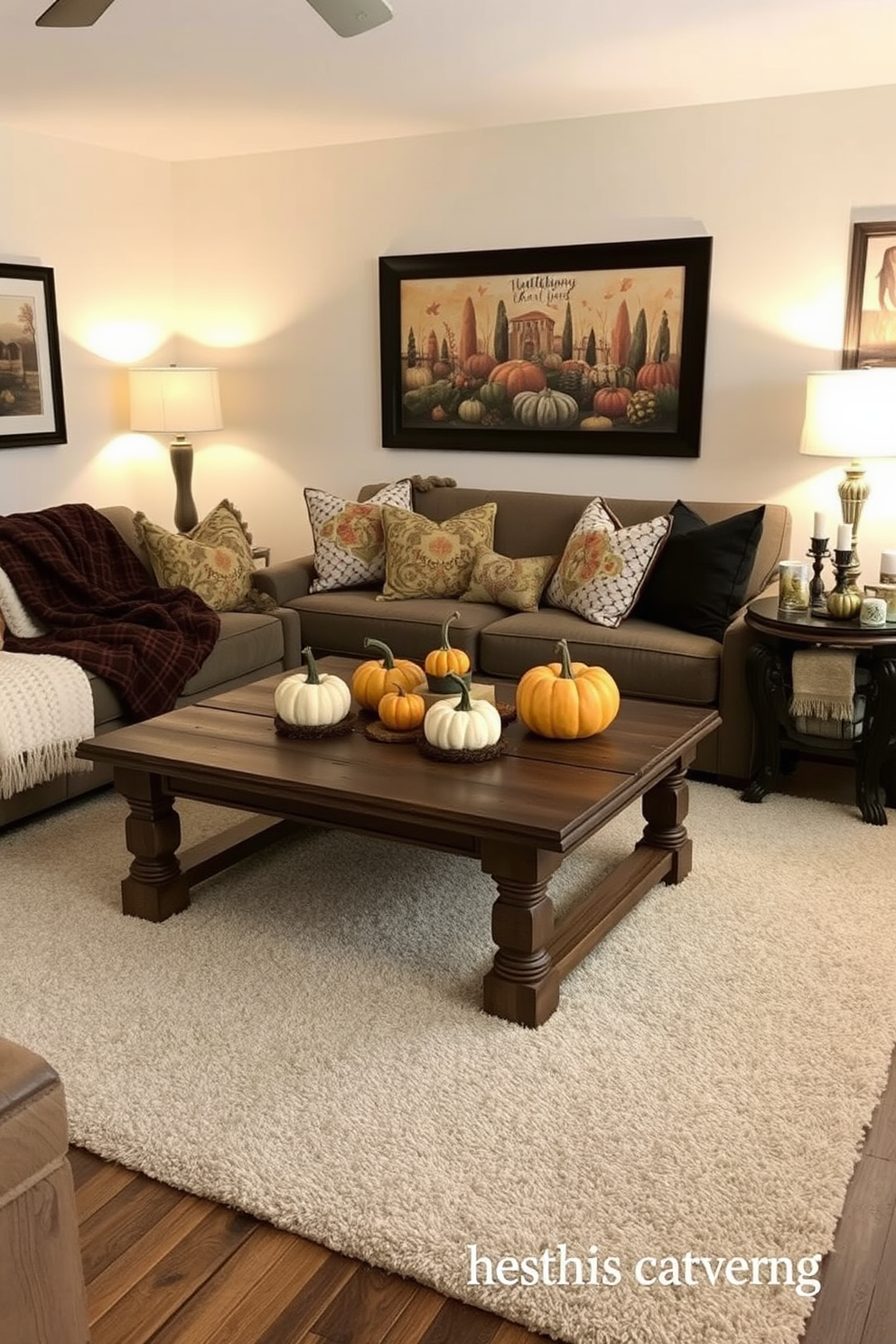 A cozy living room setting designed for Thanksgiving. A rustic wooden coffee table features small pumpkins as centerpieces, surrounded by warm, textured throw blankets and plush cushions. The walls are adorned with autumn-themed artwork, and a soft area rug anchors the seating area. A small side table holds a candle arrangement, creating a warm and inviting atmosphere for guests.