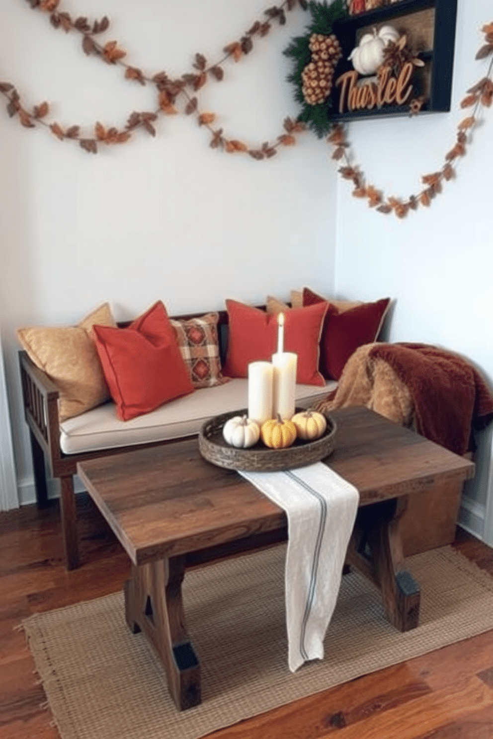 A cozy and inviting small space decorated for Thanksgiving. A small bench with plush cushions is placed against the wall, adorned with seasonal throw pillows in warm autumn colors. A rustic wooden table is set in front of the bench, featuring a simple centerpiece of pumpkins and candles. The walls are decorated with garlands of dried leaves, creating a festive atmosphere perfect for gatherings.