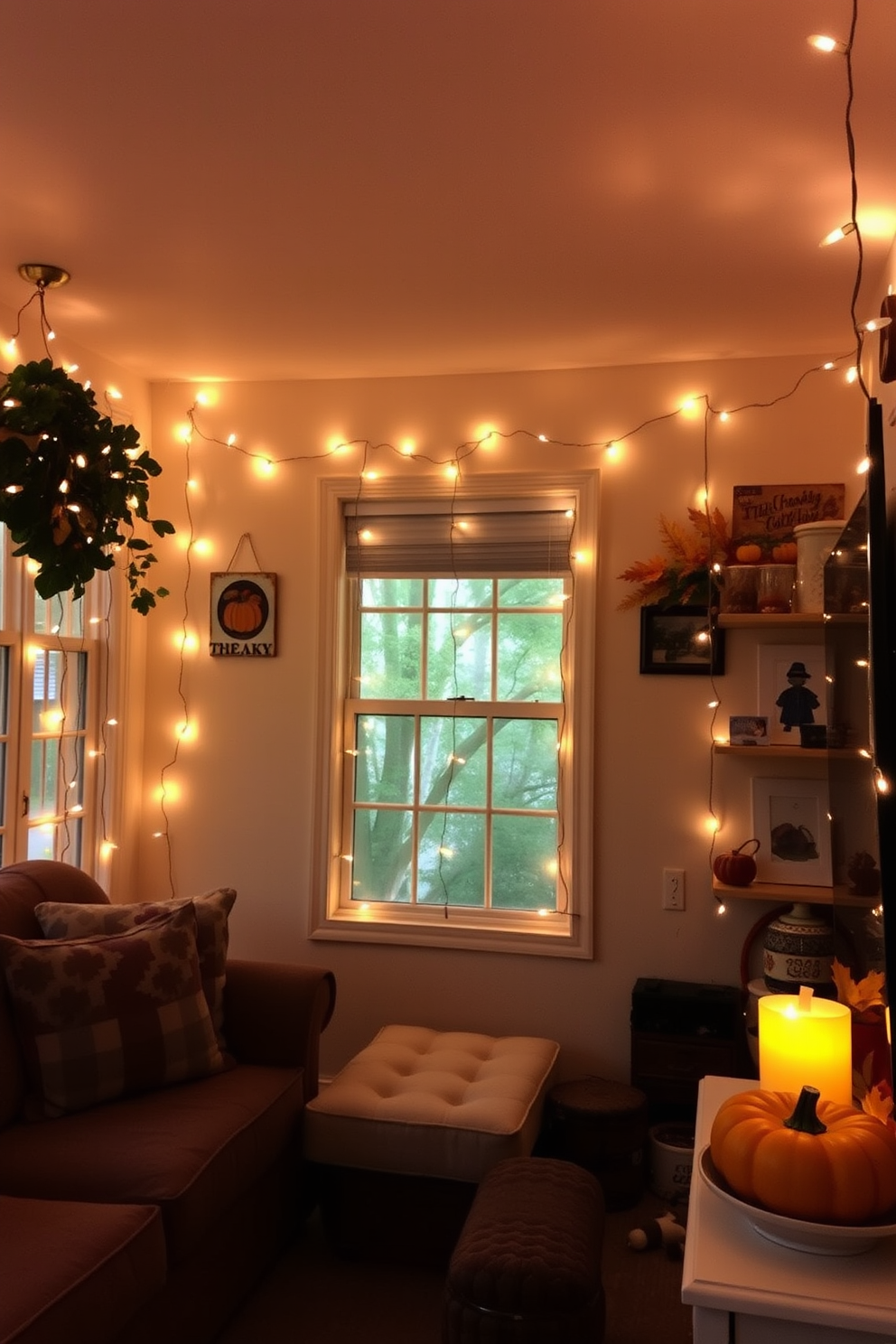 A cozy living room adorned with string lights creates a warm and inviting atmosphere. The lights are draped along the walls and ceiling, casting a soft, festive glow throughout the space. Incorporate Thanksgiving-themed decor to enhance the seasonal spirit. Small pumpkins and autumn leaves are strategically placed on shelves and tables, adding a touch of seasonal charm to the small space.