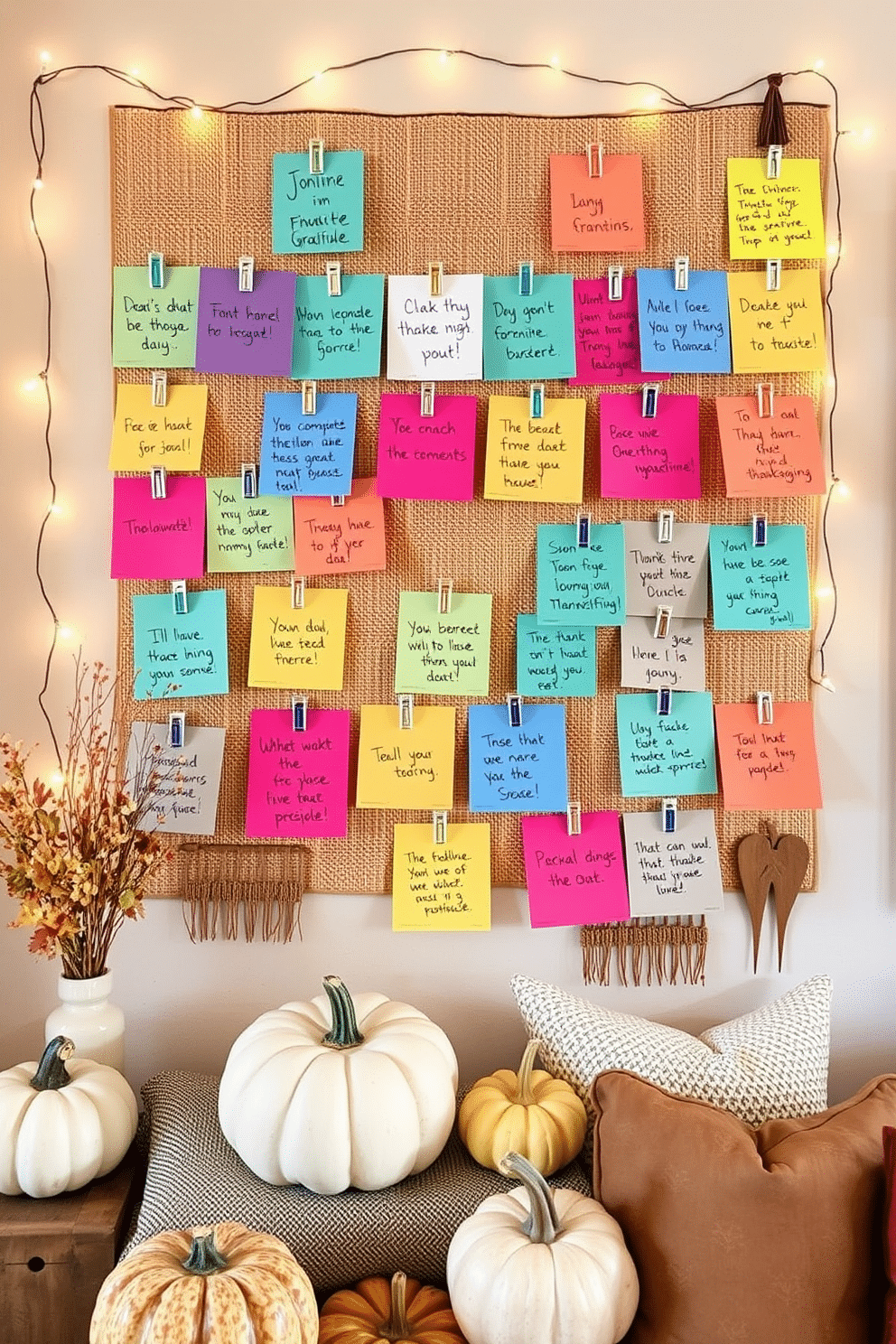 Create a gratitude wall featuring colorful notes expressing thankfulness and appreciation. The wall is adorned with a variety of textures and materials, including string lights and decorative clips to hold the notes. Incorporate cozy elements for Thanksgiving small space decorating ideas. Use warm colors, seasonal accents like pumpkins and gourds, and multifunctional furniture to maximize the space while creating an inviting atmosphere.