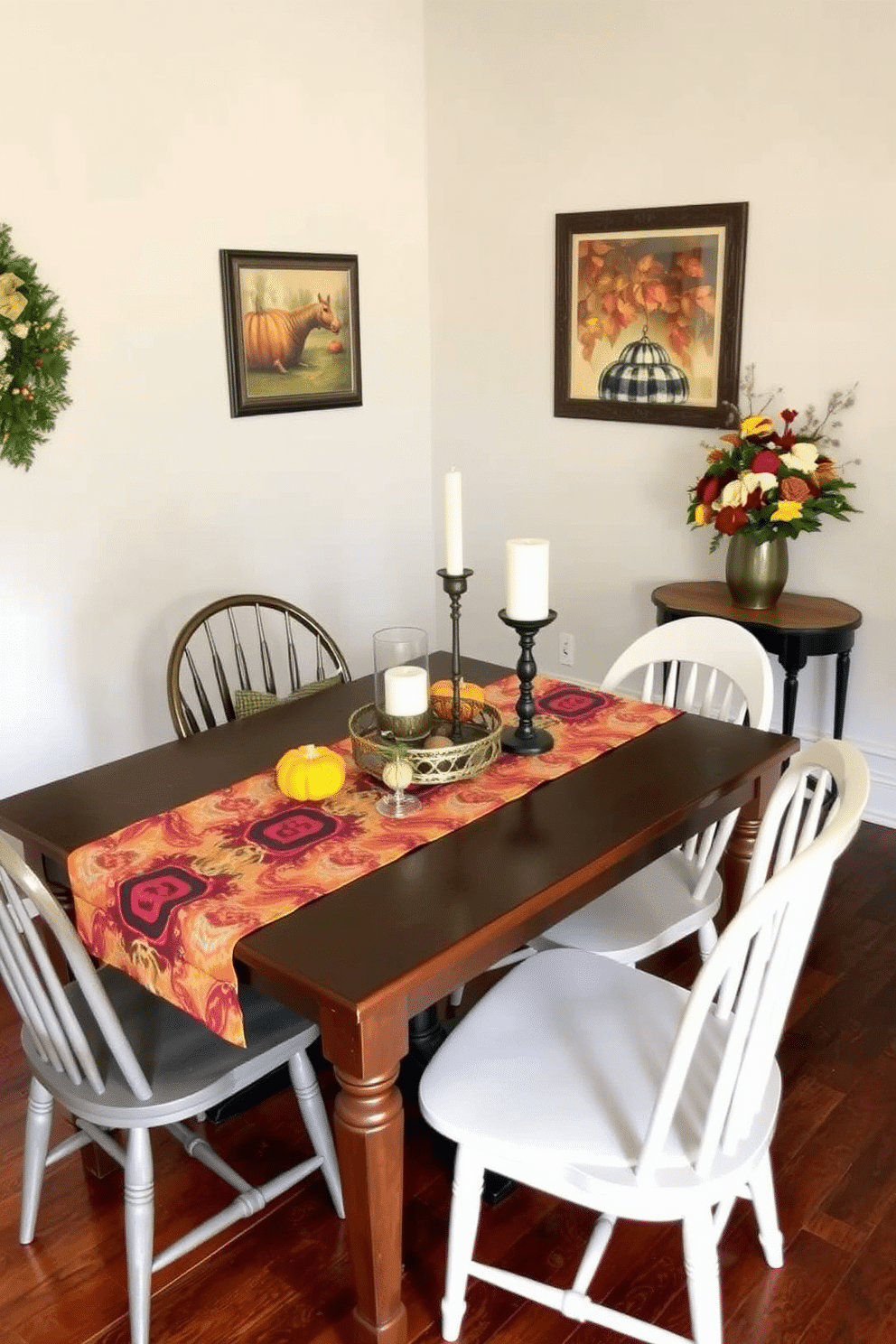 A cozy dining area designed for Thanksgiving celebrations. The table is set with a colorful table runner that adds vibrant flair, surrounded by mismatched chairs to create an inviting atmosphere. On the table, there are seasonal decorations like small pumpkins and candles that enhance the festive spirit. The walls are adorned with autumn-themed artwork, and a small side table holds a festive arrangement of flowers.