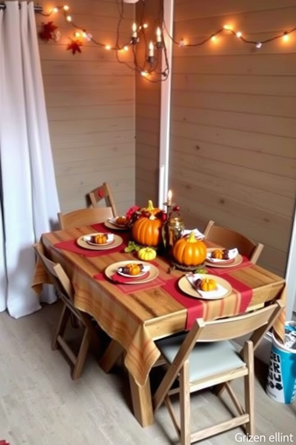 Create a cozy Thanksgiving dining area in a small space. Use folding chairs around a rustic wooden table set with an autumn-themed tablecloth and seasonal centerpieces. Incorporate warm lighting with string lights or candles to enhance the inviting atmosphere. Add decorative touches like small pumpkins and fall leaves to complete the festive look.