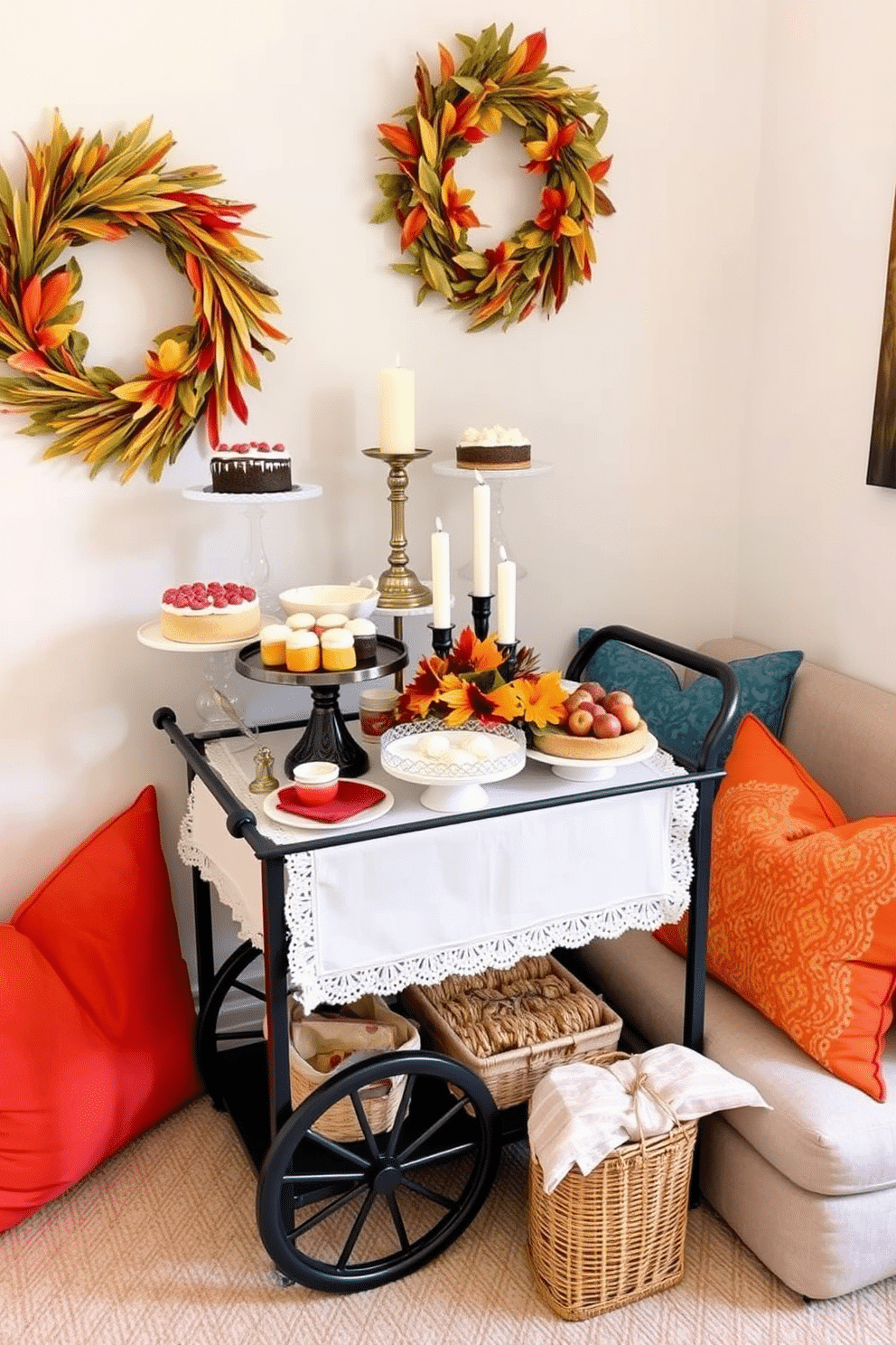 A charming dessert station is set up on a stylish cart, featuring an assortment of delectable treats like cakes, pastries, and seasonal fruits. The cart is adorned with a festive tablecloth and decorative accents, creating a warm and inviting atmosphere for guests. For Thanksgiving small space decorating ideas, a cozy dining nook is enhanced with a simple centerpiece of autumn leaves and candles. The seating is arranged to maximize space, with colorful throw pillows adding comfort and seasonal flair.