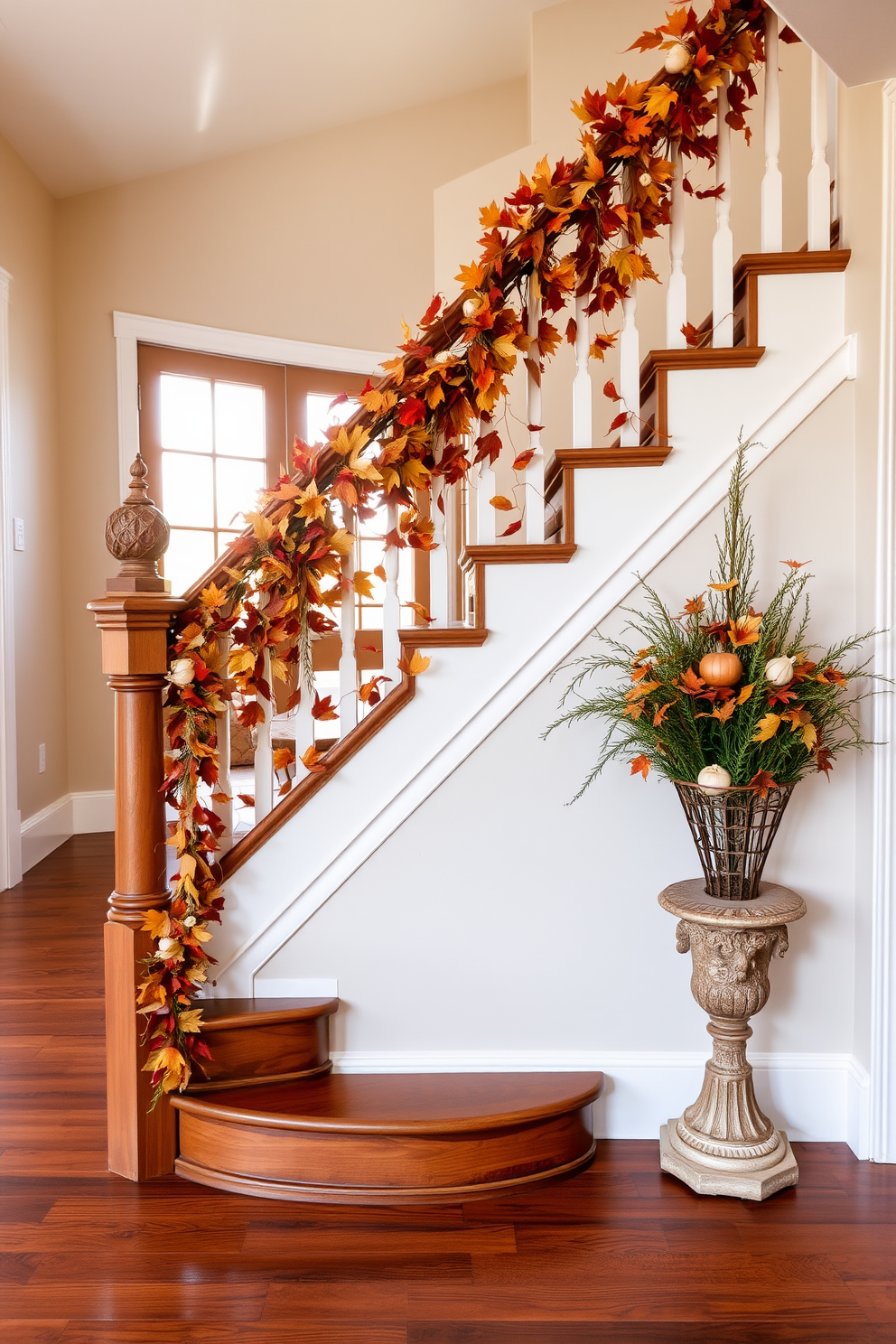 A warm and inviting staircase adorned with autumn leaves cascading down the banister. The wooden steps are complemented by rich, earthy tones, creating a festive atmosphere perfect for Thanksgiving celebrations.