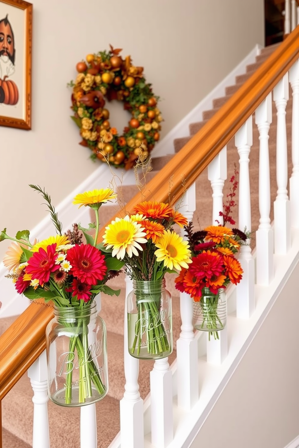 Mason jars filled with seasonal flowers are arranged along the staircase railing, adding a touch of warmth and natural beauty. The vibrant colors of the flowers complement the autumnal decor, creating an inviting atmosphere for Thanksgiving celebrations.