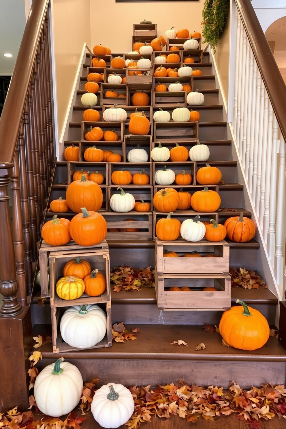 A warm and inviting staircase adorned with wooden crates stacked high, filled with vibrant orange and white pumpkins. The crates are arranged artfully along the steps, complemented by autumn leaves scattered around to enhance the Thanksgiving spirit.