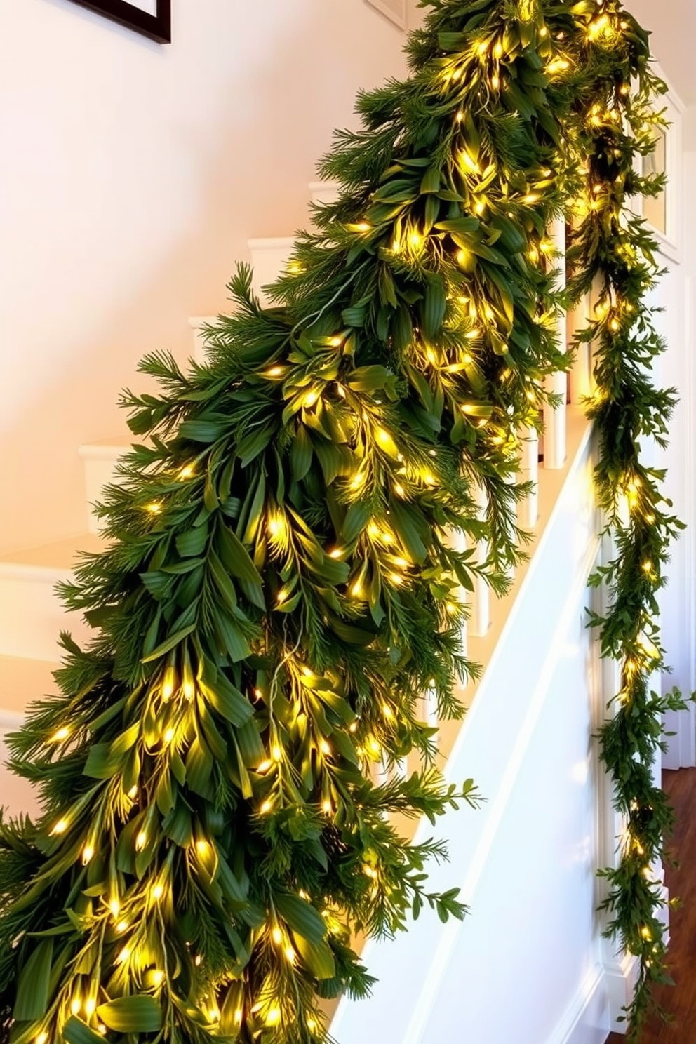 A staircase adorned with twinkling fairy lights woven through lush green garlands creates a warm and inviting atmosphere for Thanksgiving. The soft glow of the lights highlights the natural beauty of the garlands, enhancing the festive spirit of the season.