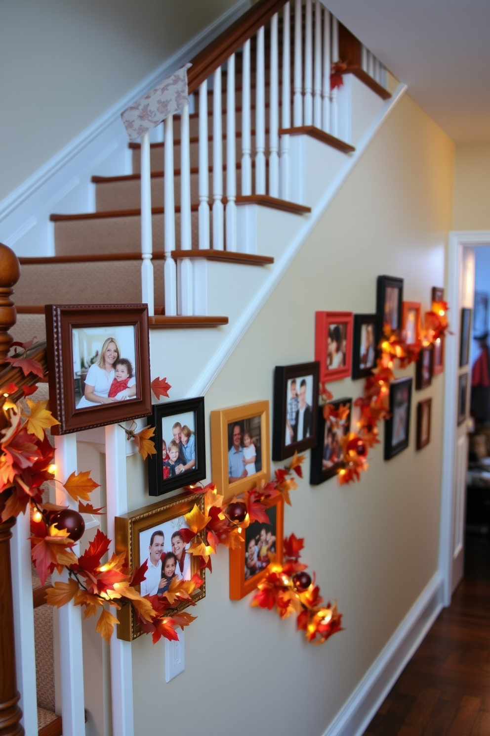 A warm and inviting staircase adorned with family photos in fall-themed frames. The frames feature rich autumn colors and are arranged in a cascading pattern along the railing, creating a festive atmosphere for Thanksgiving.