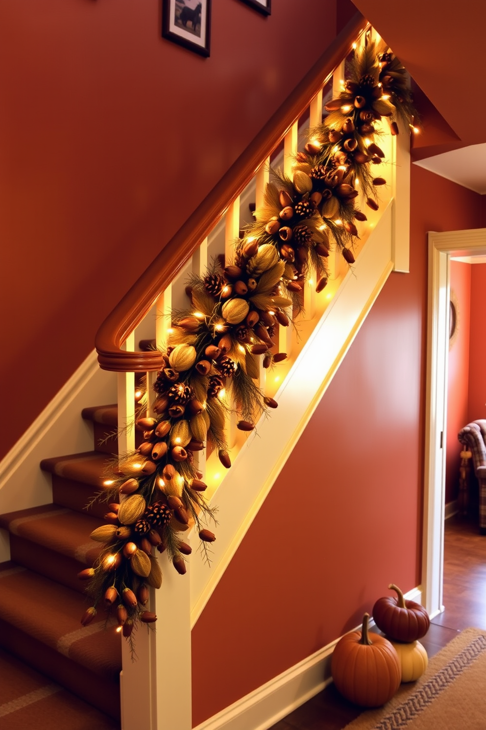 A warm and inviting staircase adorned with acorns and pinecones creates a festive Thanksgiving atmosphere. The natural elements are artfully arranged along the bannister, complemented by soft, glowing string lights. The staircase walls are painted in a rich autumnal hue, enhancing the seasonal decor. A few small pumpkins are placed at the base of the stairs, adding to the cozy, holiday charm.