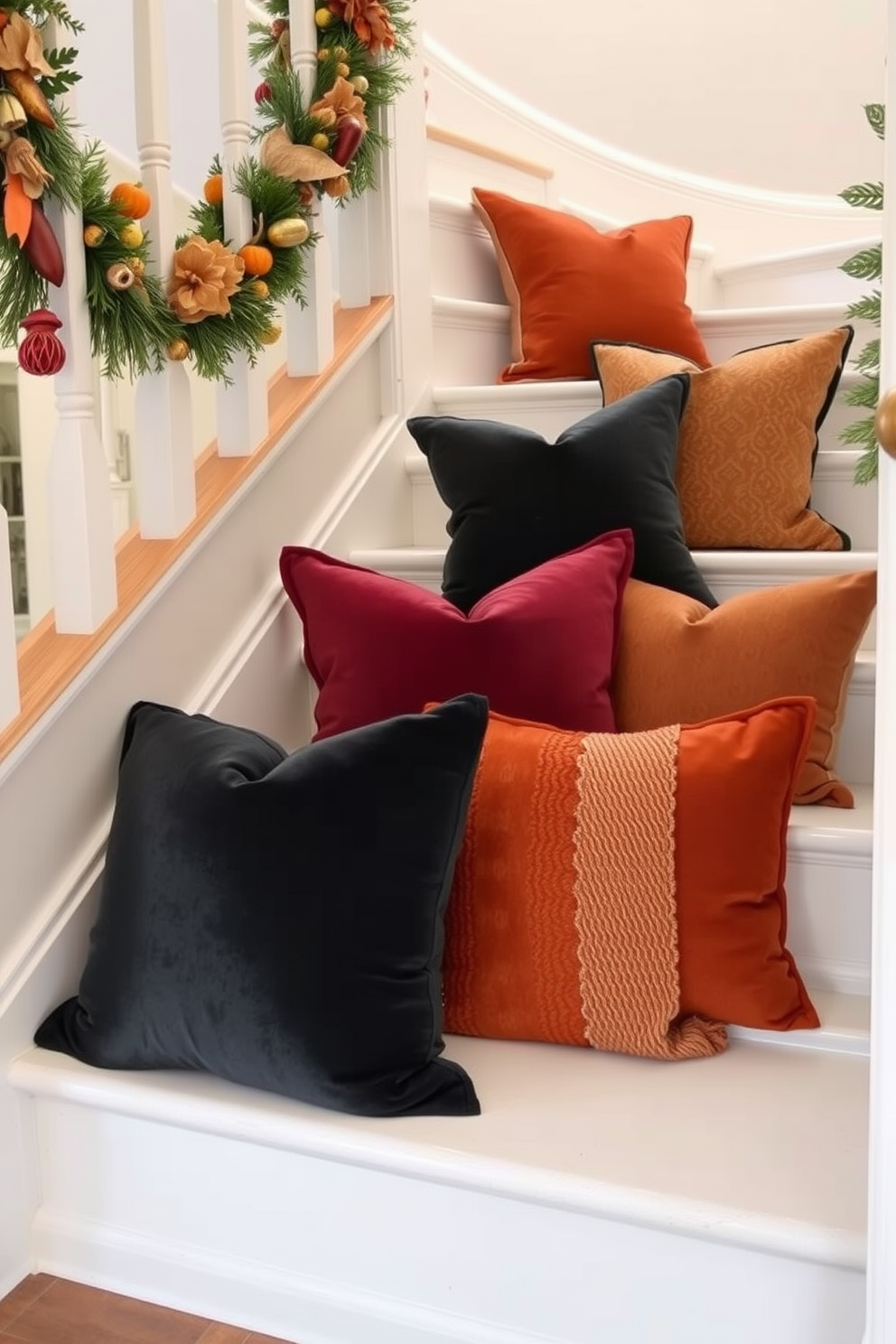 A beautifully decorated staircase adorned with richly hued throw pillows placed on each step. The pillows feature a mix of warm autumn colors and textures, creating a cozy and inviting atmosphere for Thanksgiving.