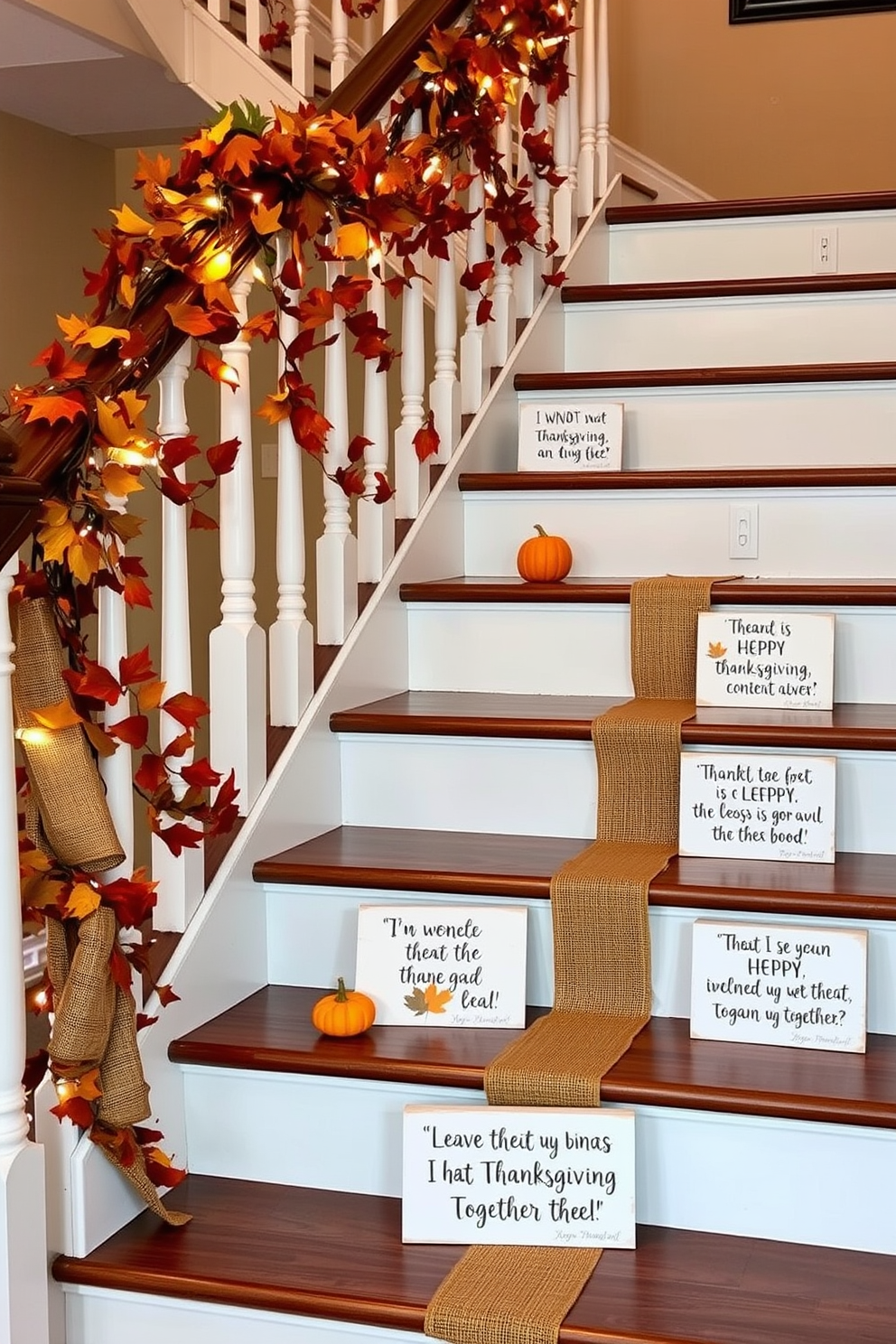 A beautiful staircase adorned for Thanksgiving features a garland of autumn leaves intertwined with soft white lights. Decorative signs with heartfelt Thanksgiving quotes are placed along the staircase, adding warmth and charm to the festive atmosphere. The staircase railing is wrapped with burlap ribbon and small pumpkins, creating a cozy fall vibe. Each step is accented with handmade signs displaying quotes that celebrate gratitude and togetherness, inviting guests to reflect on the season.