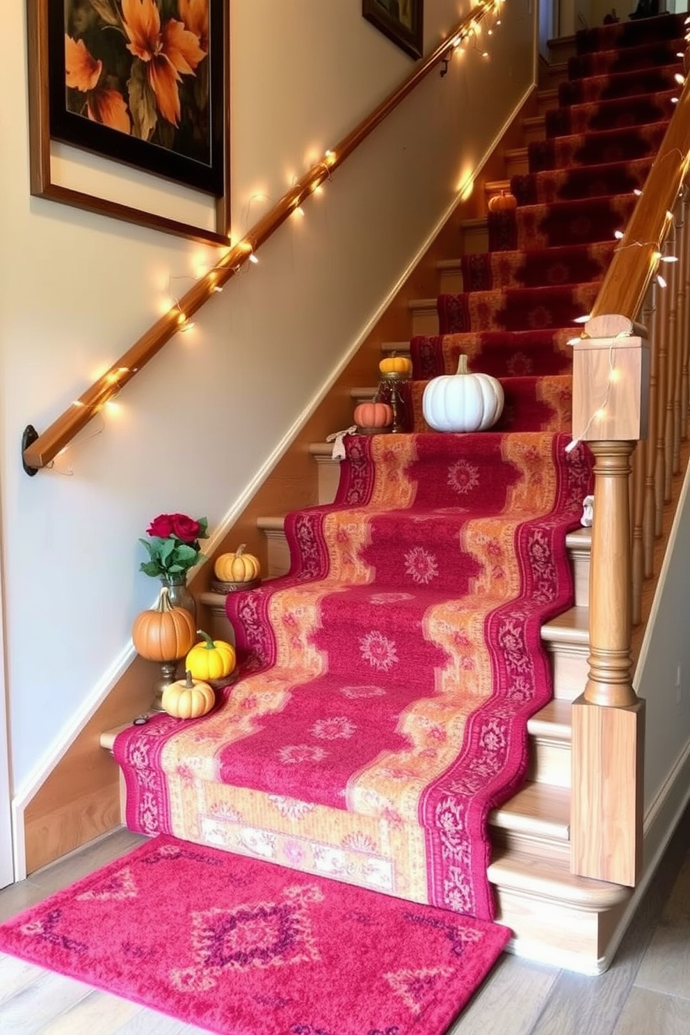 A cozy staircase adorned with layered rugs in rich autumn colors creates a warm and inviting atmosphere. The rugs feature deep reds, burnt oranges, and golden yellows, complementing the natural wood of the staircase. Decorative pumpkins and gourds are placed along the steps, adding a festive touch for Thanksgiving. Soft, twinkling string lights are draped along the railing, enhancing the seasonal charm of the space.