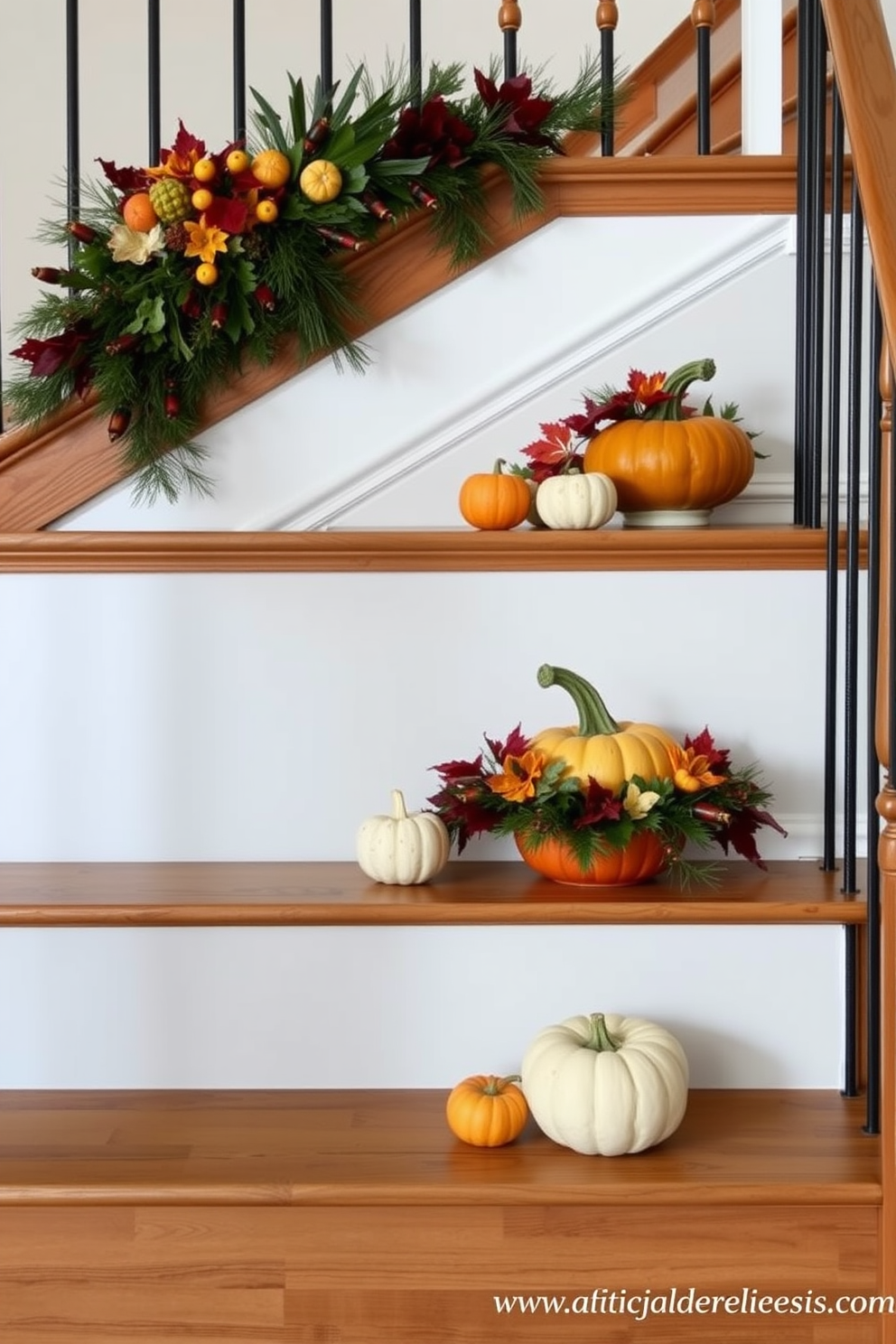 Gourd centerpieces adorn the stair landings creating a warm and inviting atmosphere for Thanksgiving. The vibrant colors and varied shapes of the gourds complement the natural wood of the staircase, enhancing the seasonal decor.