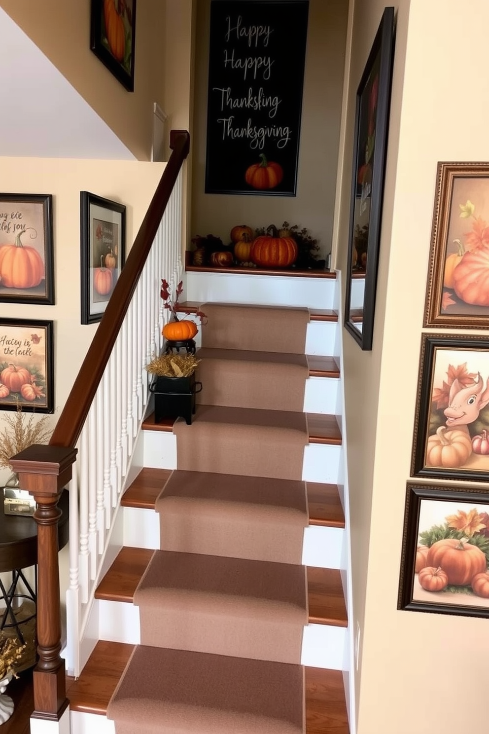 A warm and inviting staircase adorned with seasonal artwork celebrating Thanksgiving. The walls are decorated with framed autumn-themed prints featuring pumpkins, leaves, and harvest scenes, creating a cozy atmosphere.