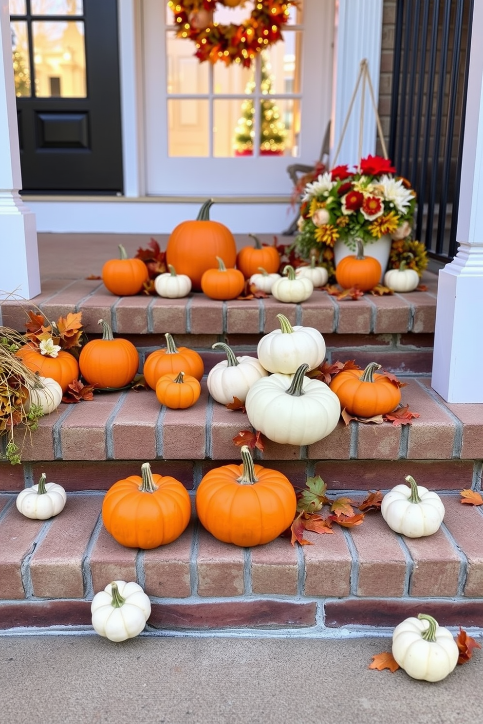 Mini pumpkins arranged on the steps create a warm and inviting atmosphere for Thanksgiving. The vibrant orange and white pumpkins are interspersed with autumn leaves and soft, golden lights to enhance the festive spirit.