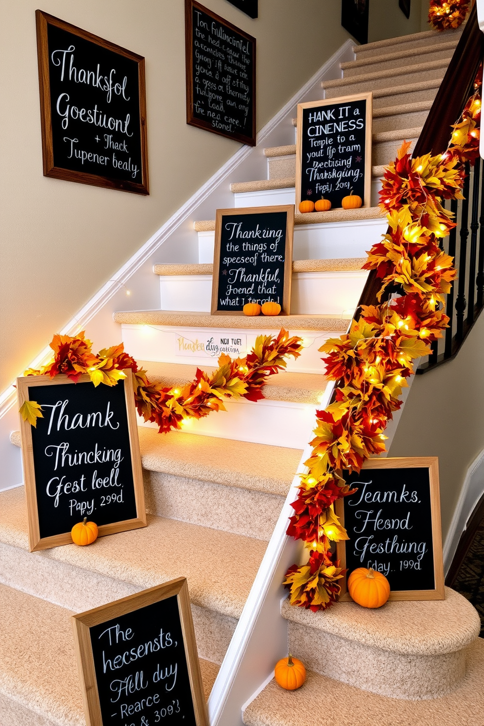 Chalkboard signs with festive messages are creatively arranged along the staircase, adding a warm and inviting touch to the holiday decor. Each sign features handwritten notes of gratitude and seasonal greetings, enhancing the festive atmosphere. The staircase is adorned with autumn-themed decorations, including garlands of colorful leaves and small pumpkins placed on the steps. Twinkling fairy lights are intertwined with the garlands, creating a cozy glow that complements the festive chalkboard messages.