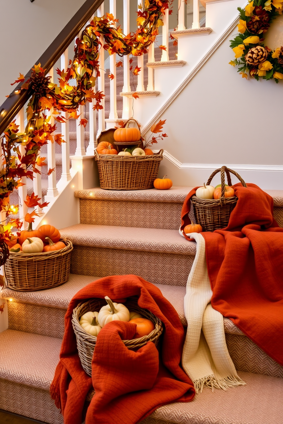 A beautifully decorated staircase adorned for Thanksgiving. There are woven baskets filled with seasonal fruits like pumpkins, apples, and gourds placed on each step, creating a warm and inviting atmosphere. The staircase railing is draped with autumn leaves and twinkling fairy lights. Soft, cozy blankets in rich fall colors are artfully arranged on the steps, adding a touch of comfort to the festive decor.