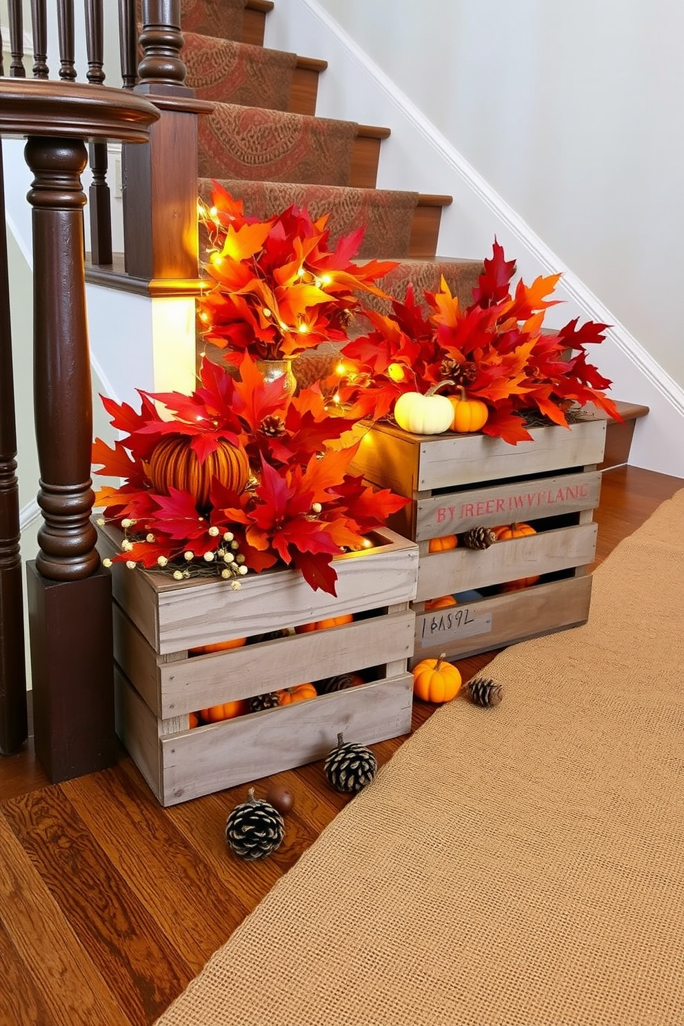 Vintage wooden crates are arranged along the staircase, filled with an assortment of autumn decorations. Rich orange and deep red leaves spill out, complemented by small pumpkins and gourds nestled among the decor. Warm fairy lights are draped around the crates, casting a soft glow that enhances the cozy atmosphere. A burlap runner is laid along the staircase, adorned with pinecones and acorns to complete the Thanksgiving theme.