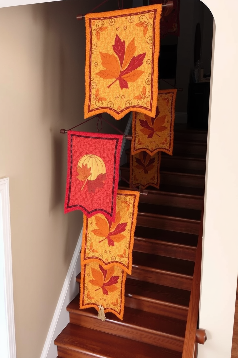 Hanging fabric banners with fall motifs adorn the staircase, creating a warm and inviting atmosphere. The rich colors of orange, red, and gold complement the natural wood of the staircase and enhance the festive spirit of Thanksgiving.