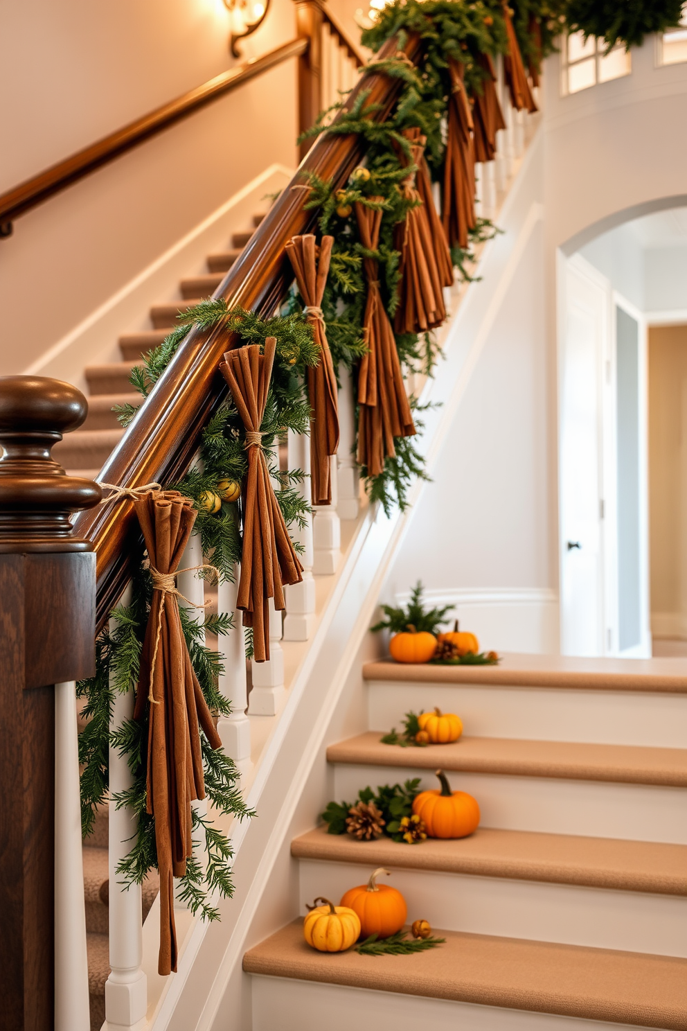 Cinnamon sticks tied with twine are elegantly arranged along the banister of a grand staircase. Soft, warm lighting enhances the rustic charm, creating a cozy atmosphere perfect for Thanksgiving gatherings. The staircase is adorned with lush greenery and small pumpkins nestled among the cinnamon sticks. Each step is accented with seasonal decor, inviting guests to ascend into a festive holiday space.