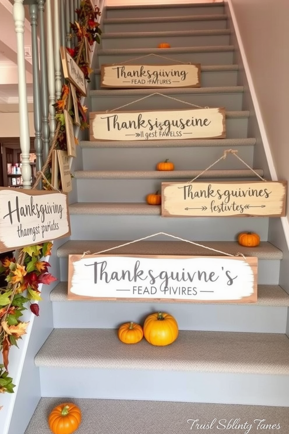 A warm and inviting staircase adorned with rustic wooden signs directing guests to various Thanksgiving festivities. Each sign is hand-painted with festive messages and hangs from twine, surrounded by autumn leaves and small pumpkins for a cozy seasonal touch.