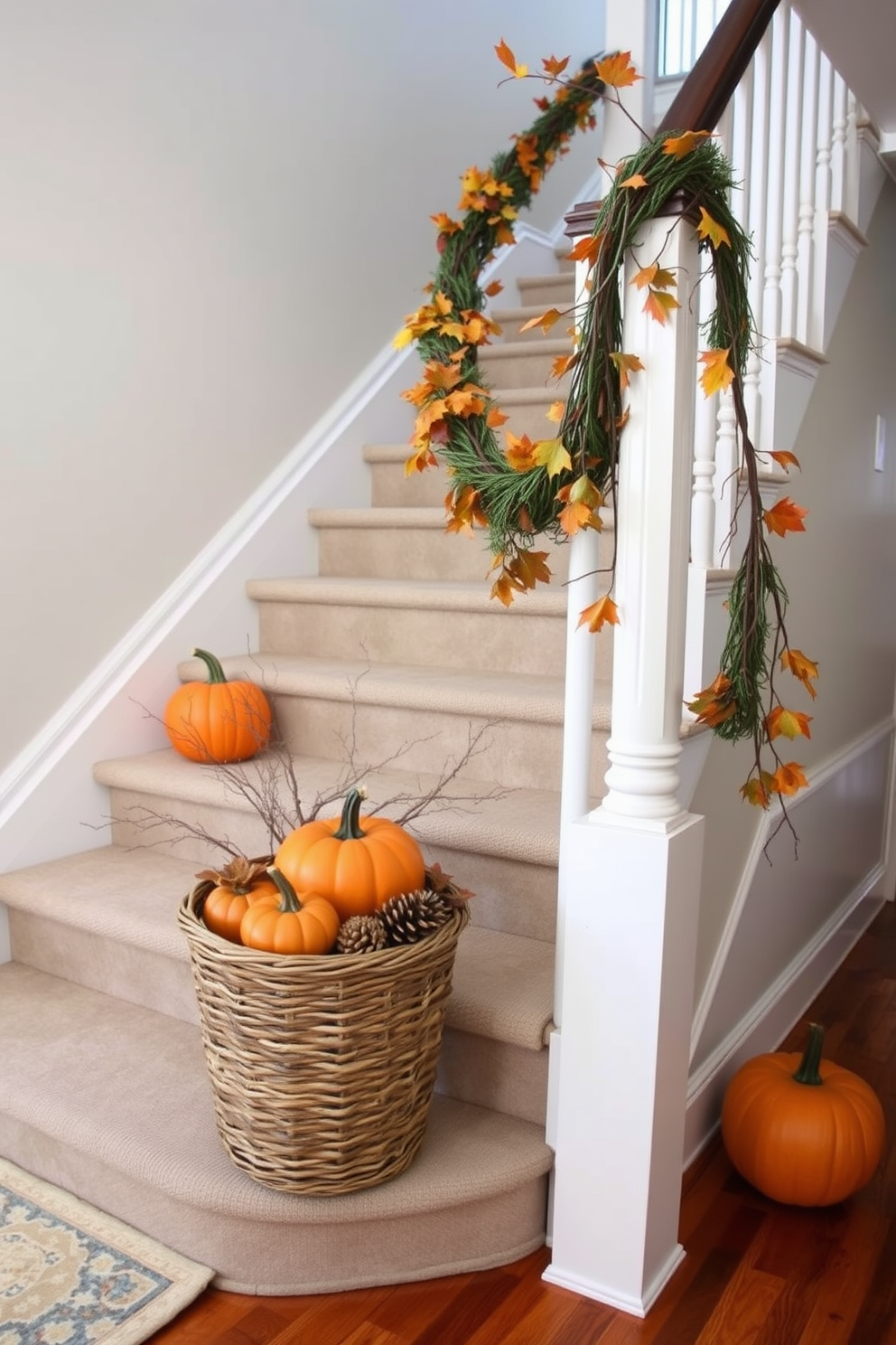 A warm and inviting staircase adorned with natural elements for Thanksgiving. Branches with autumn leaves are elegantly draped along the banister, creating a cozy and festive atmosphere. Soft, earthy tones complement the decor, with pumpkins and gourds placed strategically on each step. A woven basket filled with pinecones and seasonal foliage adds a touch of rustic charm to the landing.