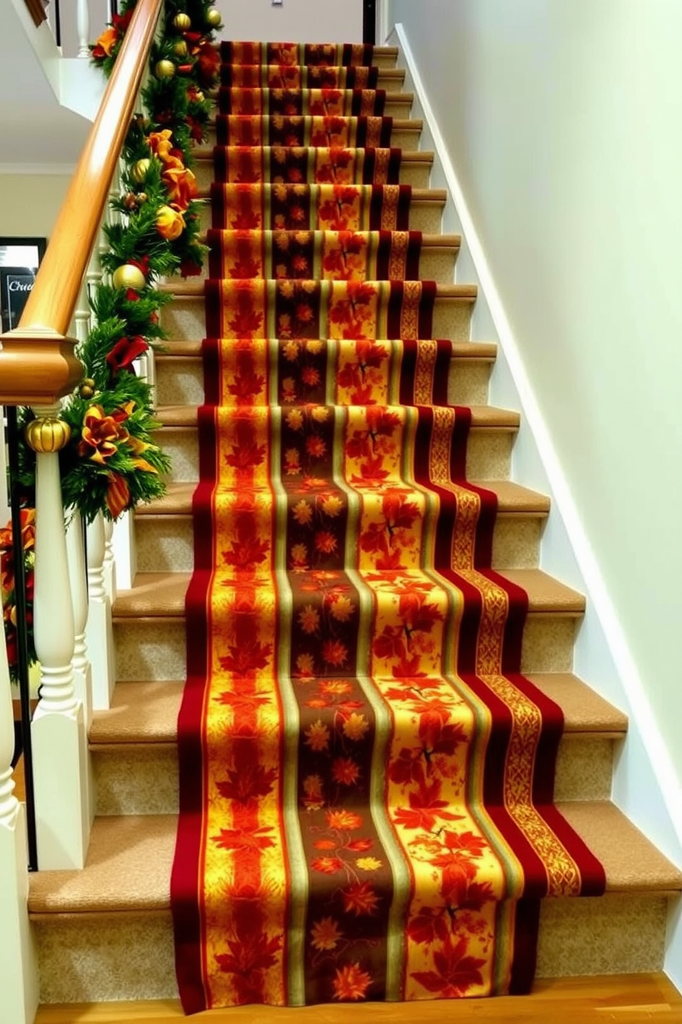 A festive staircase adorned with vibrant table runners cascading down each step creates a warm and inviting atmosphere. The runners feature autumnal colors and patterns, enhancing the seasonal charm of the Thanksgiving decor.