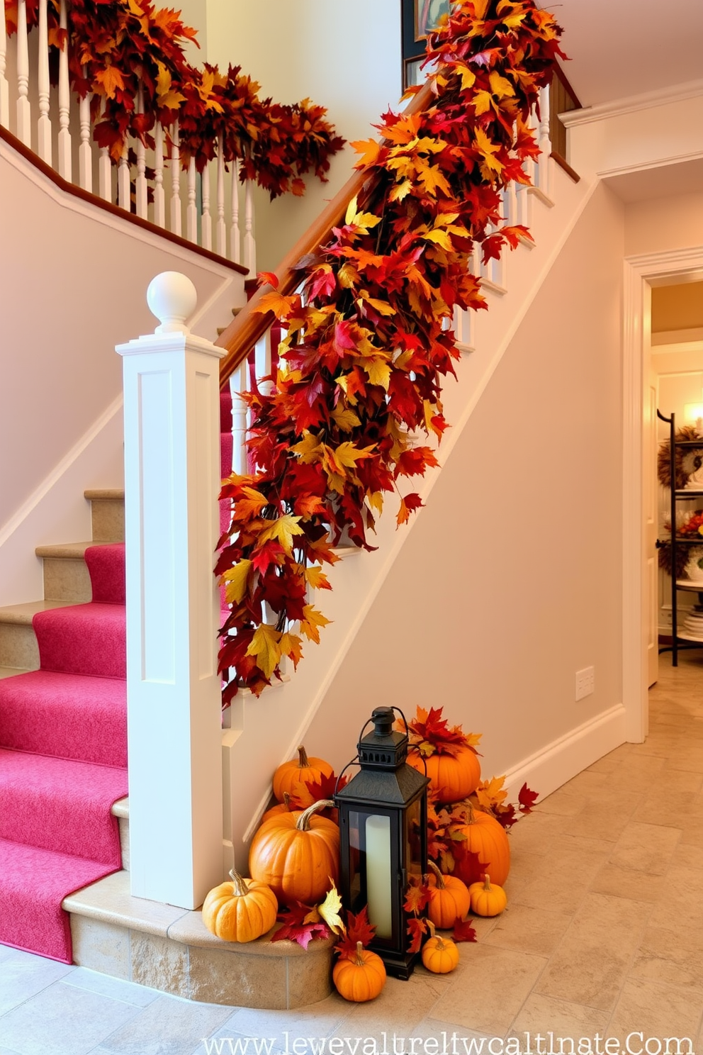 A stunning staircase decorated for Thanksgiving with vibrant fall foliage cascading down the banister. Rich hues of red, orange, and yellow leaves are artfully arranged, complemented by small pumpkins and rustic lanterns on each step.