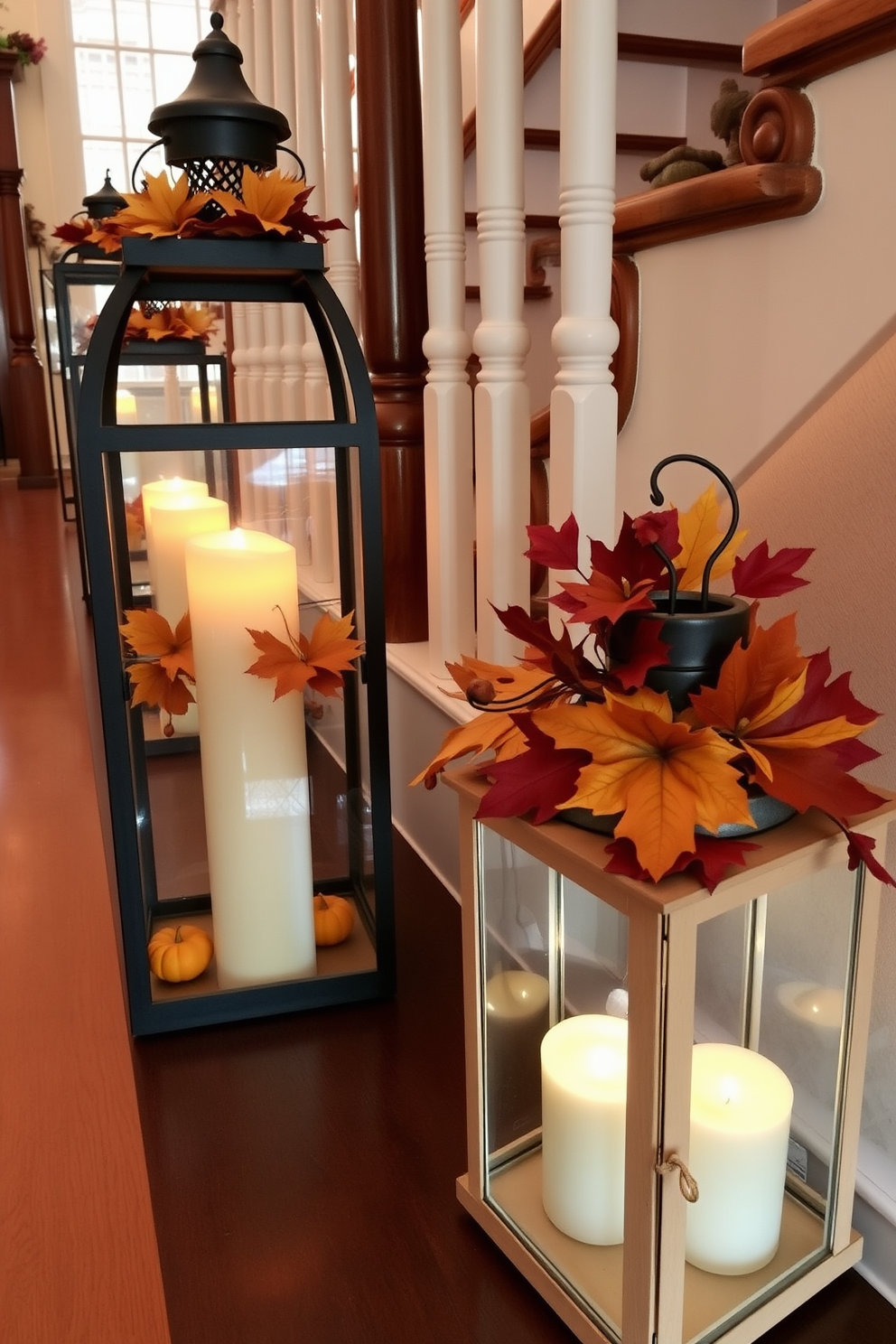 Decorative lanterns are placed along the staircase, each filled with seasonal candles that create a warm and inviting ambiance. The lanterns are adorned with autumn leaves and small pumpkins, enhancing the Thanksgiving theme throughout the home.