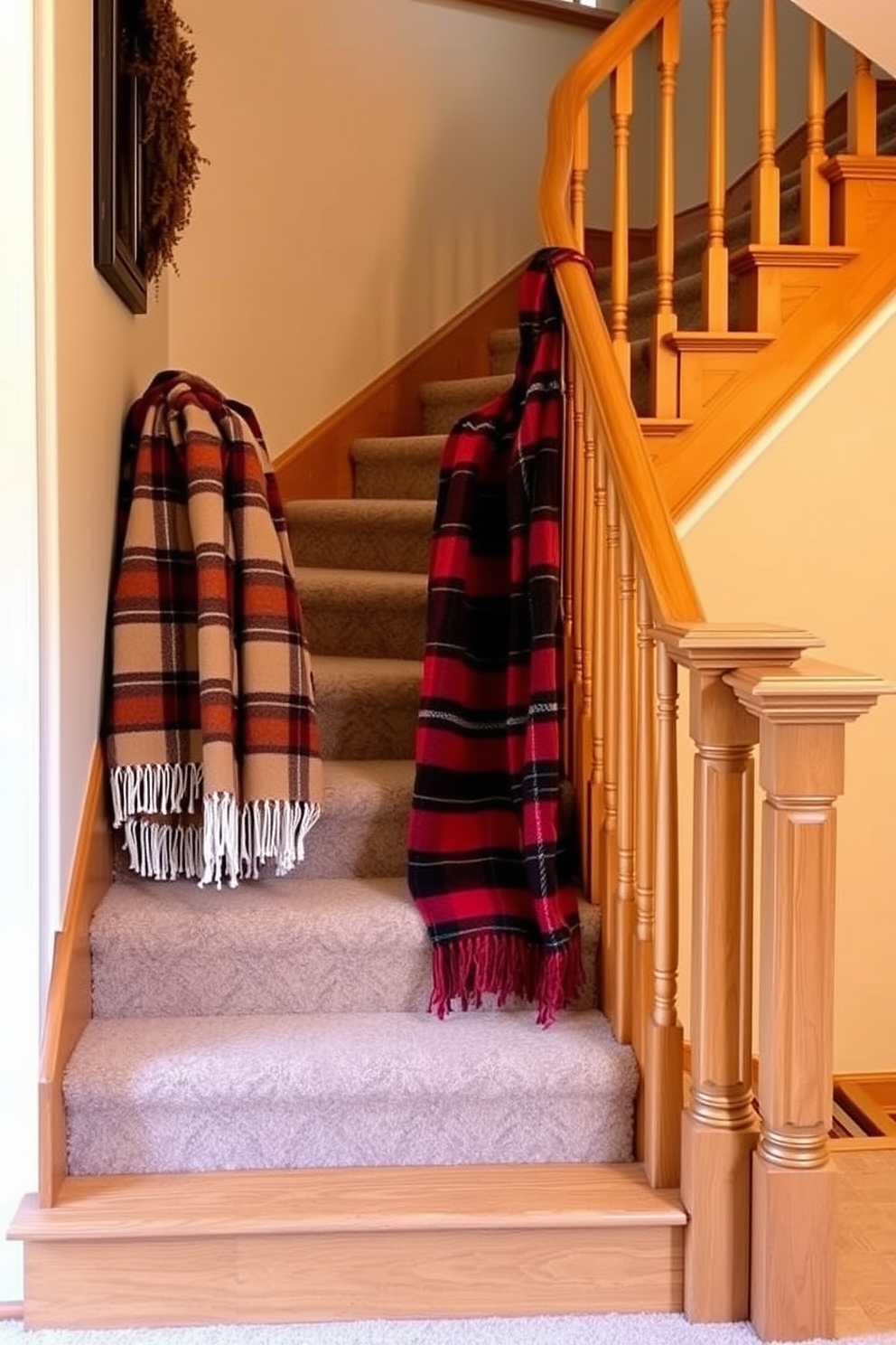 A cozy staircase adorned with warm plaid blankets draped over the railings creates a welcoming atmosphere for Thanksgiving. The rich colors of the blankets complement the natural wood of the staircase, enhancing the seasonal charm of the home.