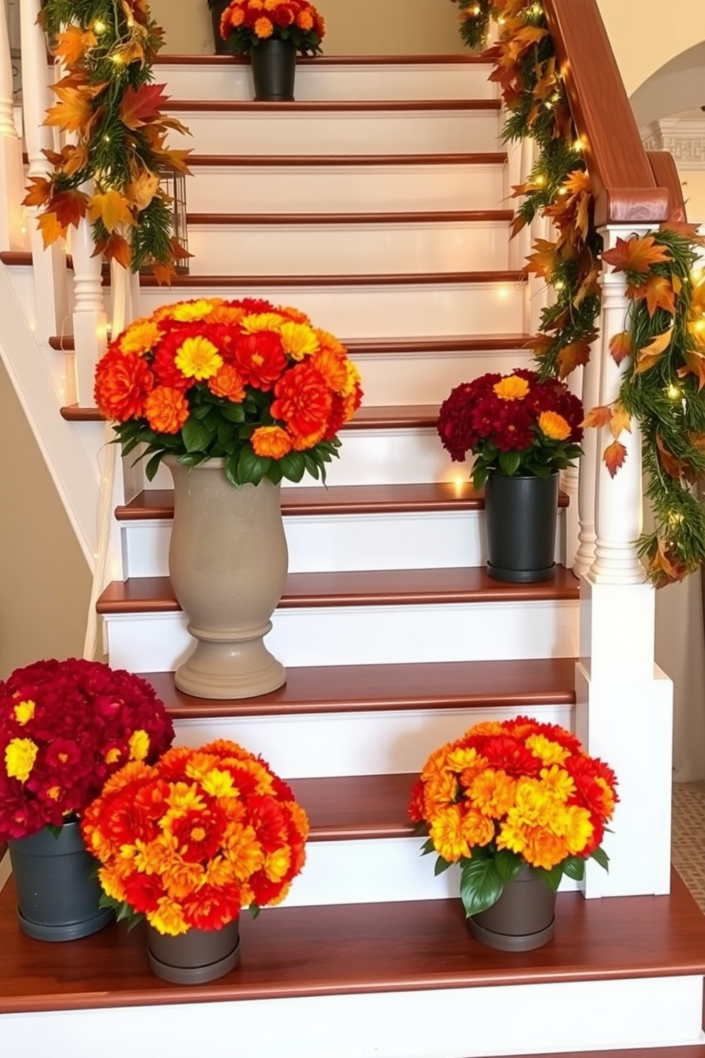 A beautifully decorated staircase for Thanksgiving featuring potted mums in vibrant fall colors. The stairs are adorned with a garland of autumn leaves and twinkling fairy lights, creating a warm and inviting atmosphere.