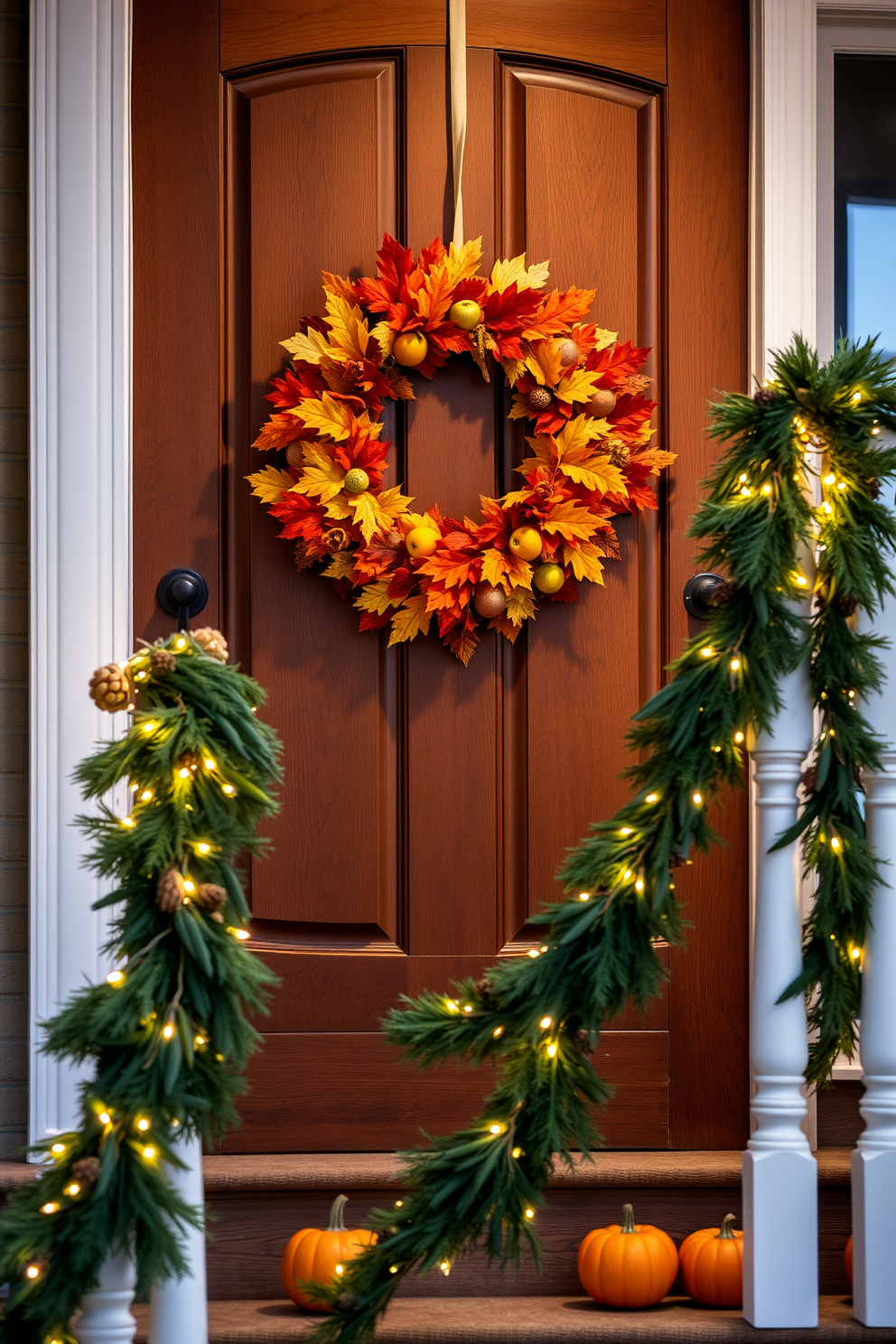 A beautiful harvest wreath made of colorful autumn leaves and seasonal fruits hangs gracefully on a rustic wooden door. The warm tones of the wreath contrast beautifully with the deep brown of the door, welcoming guests with a festive charm. The staircase is adorned with garlands of greenery intertwined with twinkling fairy lights. Small pumpkins and pinecones are placed on the steps, creating a cozy and inviting atmosphere for Thanksgiving celebrations.