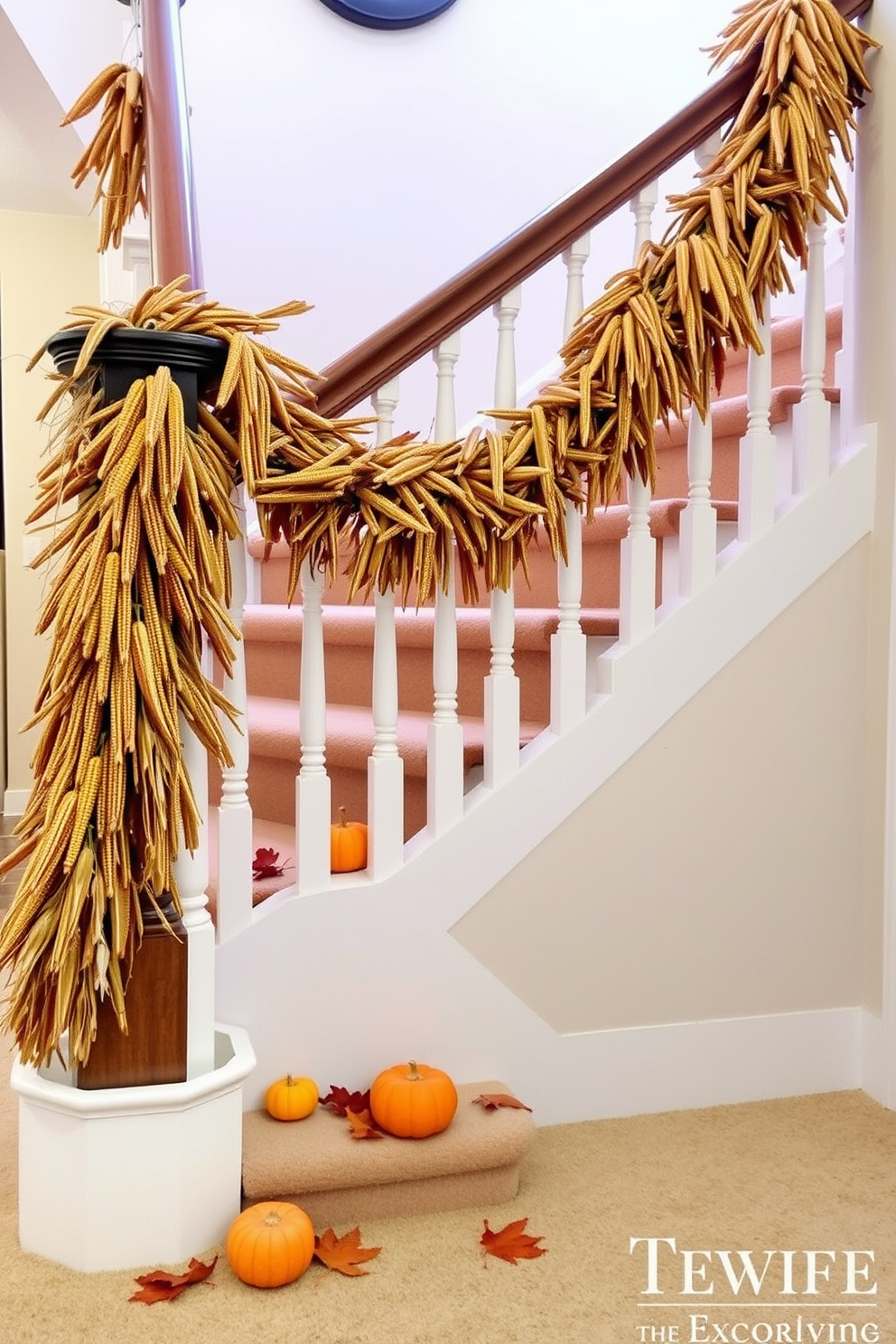 A charming staircase adorned with garlands of dried corn and wheat creates a warm Thanksgiving atmosphere. The garlands are draped elegantly along the banister, complemented by small pumpkins and autumn leaves scattered along the steps.