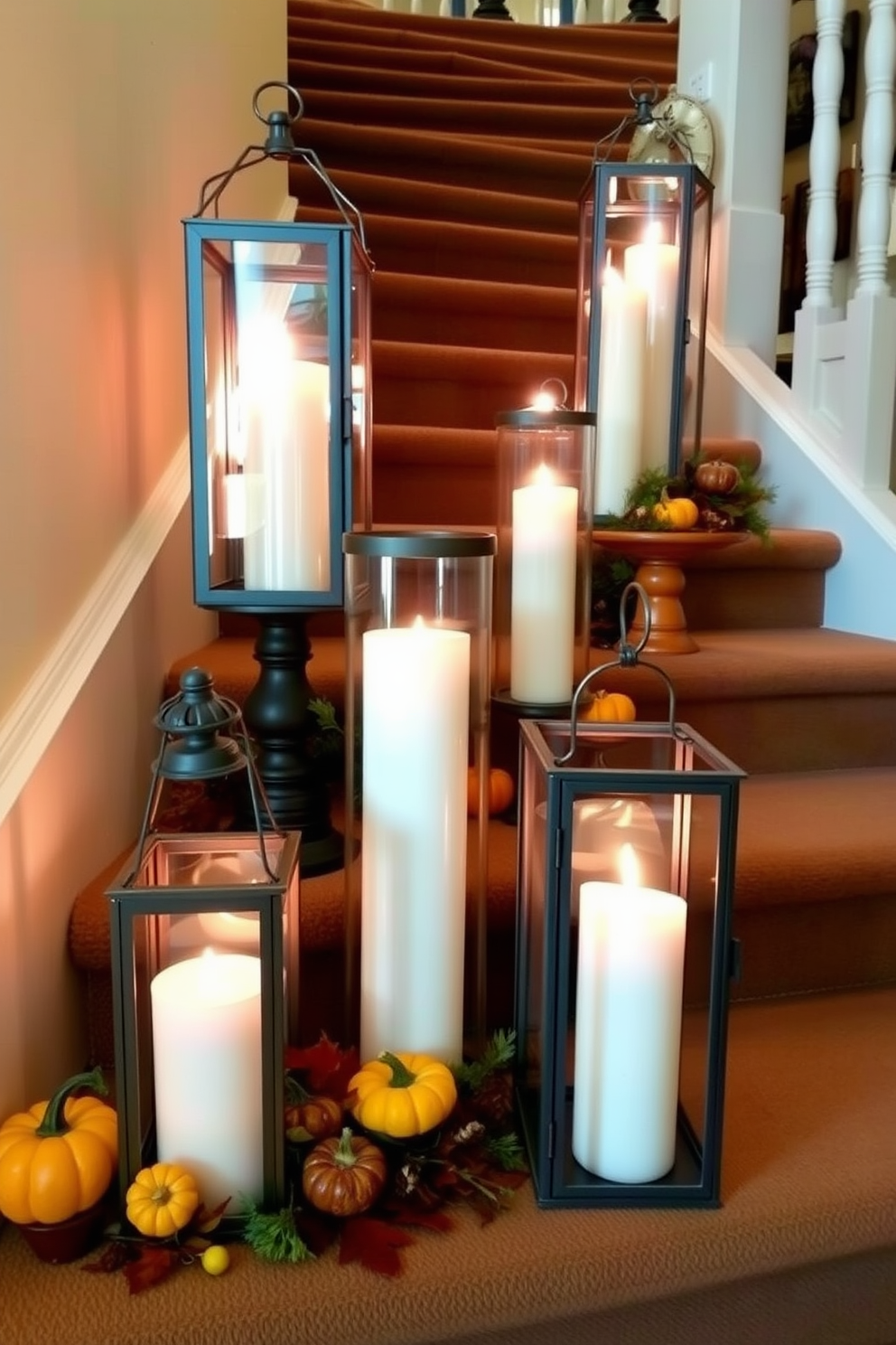 Candles in elegant lanterns are artfully arranged along the staircase, casting a warm and inviting glow. The soft flicker of the flames creates a cozy atmosphere, perfect for Thanksgiving gatherings. Natural elements such as small pumpkins and autumn leaves are interspersed among the lanterns, enhancing the seasonal decor. The staircase is adorned with rich, earthy tones to complement the festive theme, making it a stunning focal point for holiday celebrations.