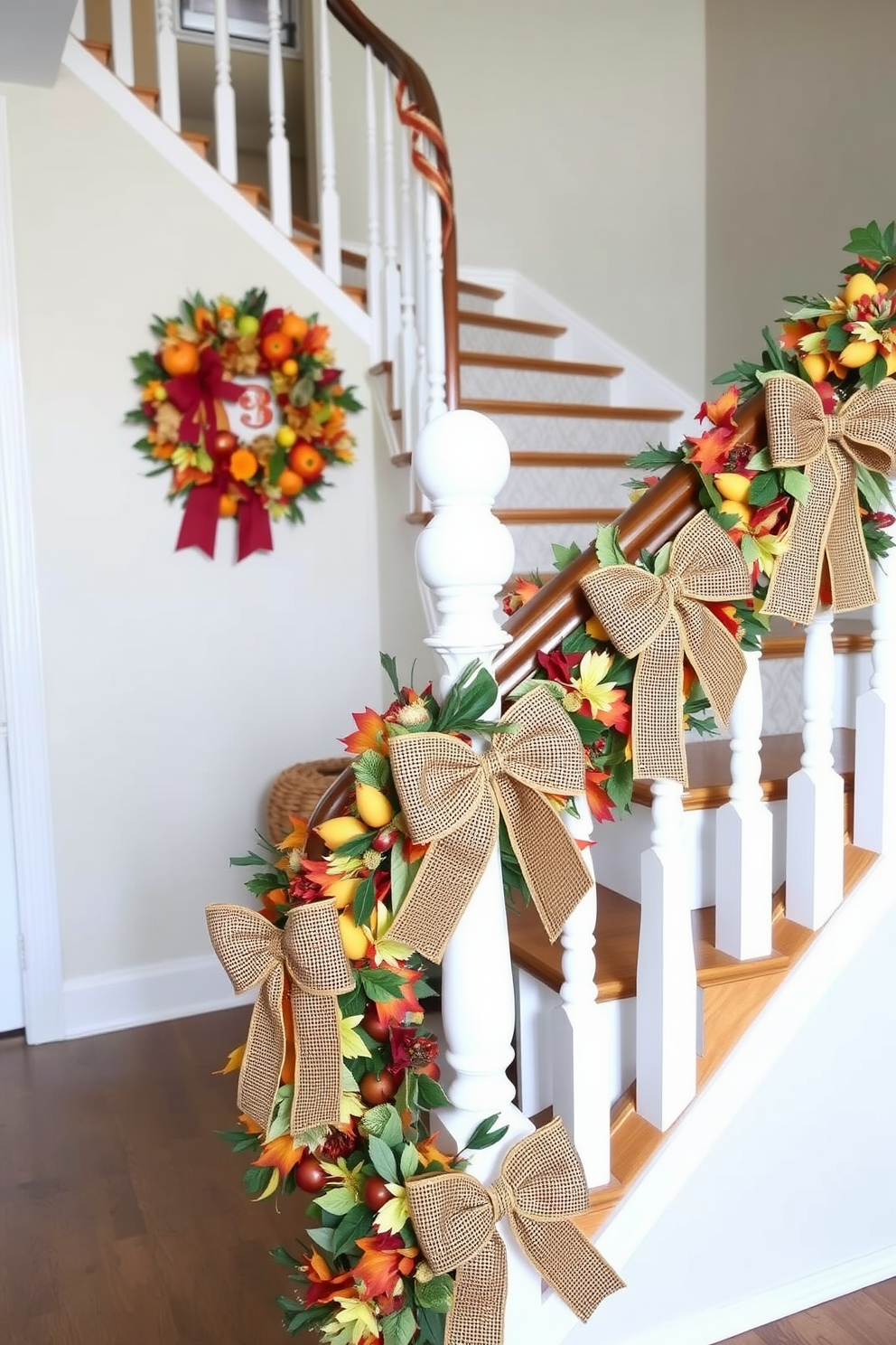 Colorful burlap bows tied on spindles create a festive atmosphere for the Thanksgiving season. The staircase is adorned with a mix of vibrant fall colors, enhancing the warmth and charm of the home.