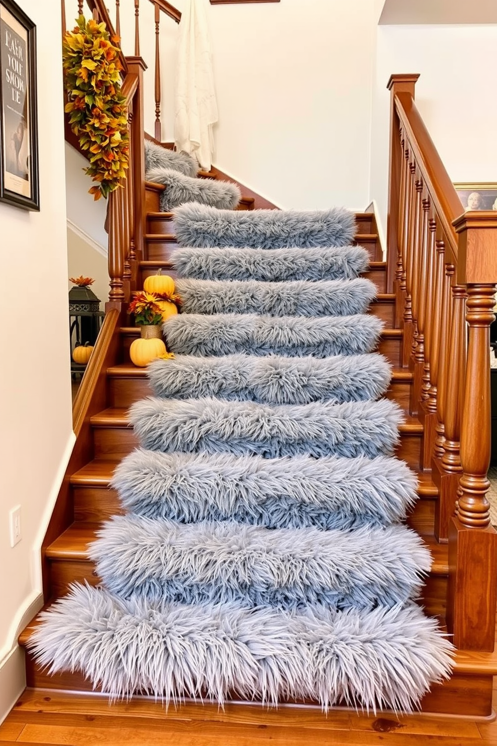 A warm and inviting staircase adorned with faux fur runners that add a cozy texture for the Thanksgiving season. The runners are layered over a rich wooden staircase, complemented by seasonal decorations like pumpkins and autumn leaves strategically placed along the steps.