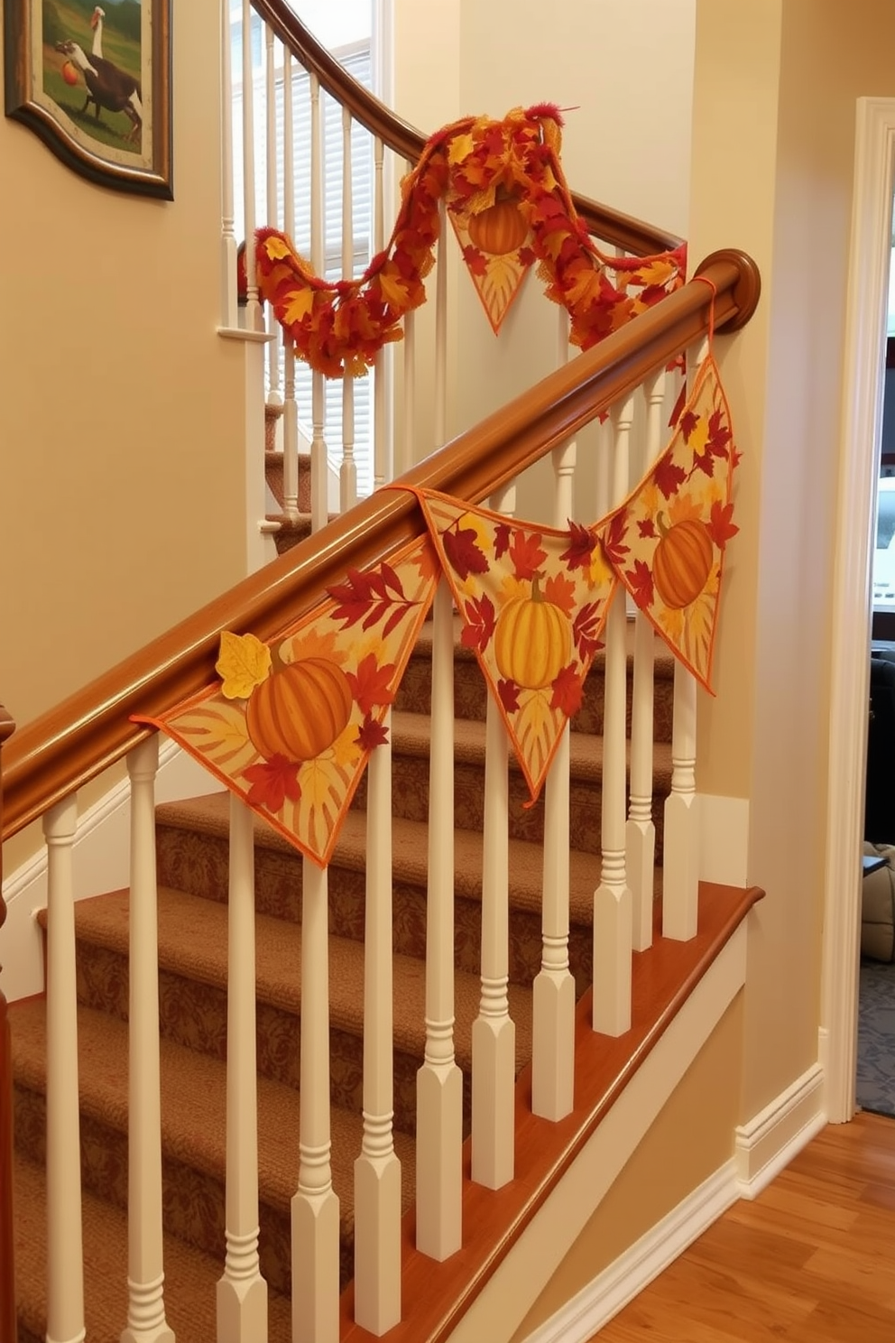 Thanksgiving themed banners strung along the railings create a warm and festive atmosphere. The banners are adorned with autumn leaves and pumpkins, enhancing the holiday spirit on the staircase.