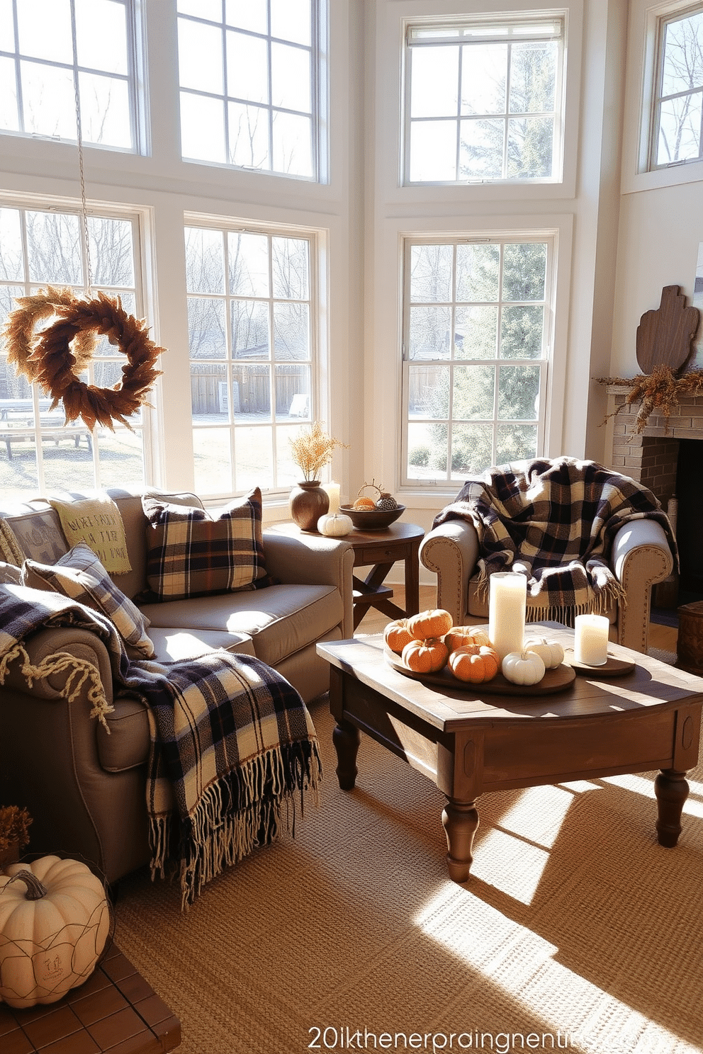 Cozy plaid throw blankets are draped over comfortable armchairs in a sunlit room filled with autumnal decor. Large windows let in natural light, highlighting a rustic wooden coffee table adorned with seasonal decorations like pumpkins and candles.