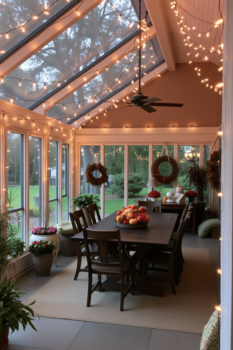 A cozy sunroom adorned with soft lighting created by warm string lights draped across the ceiling. The space features a rustic wooden table surrounded by comfortable chairs, with autumn-themed decorations and a centerpiece of seasonal flowers.