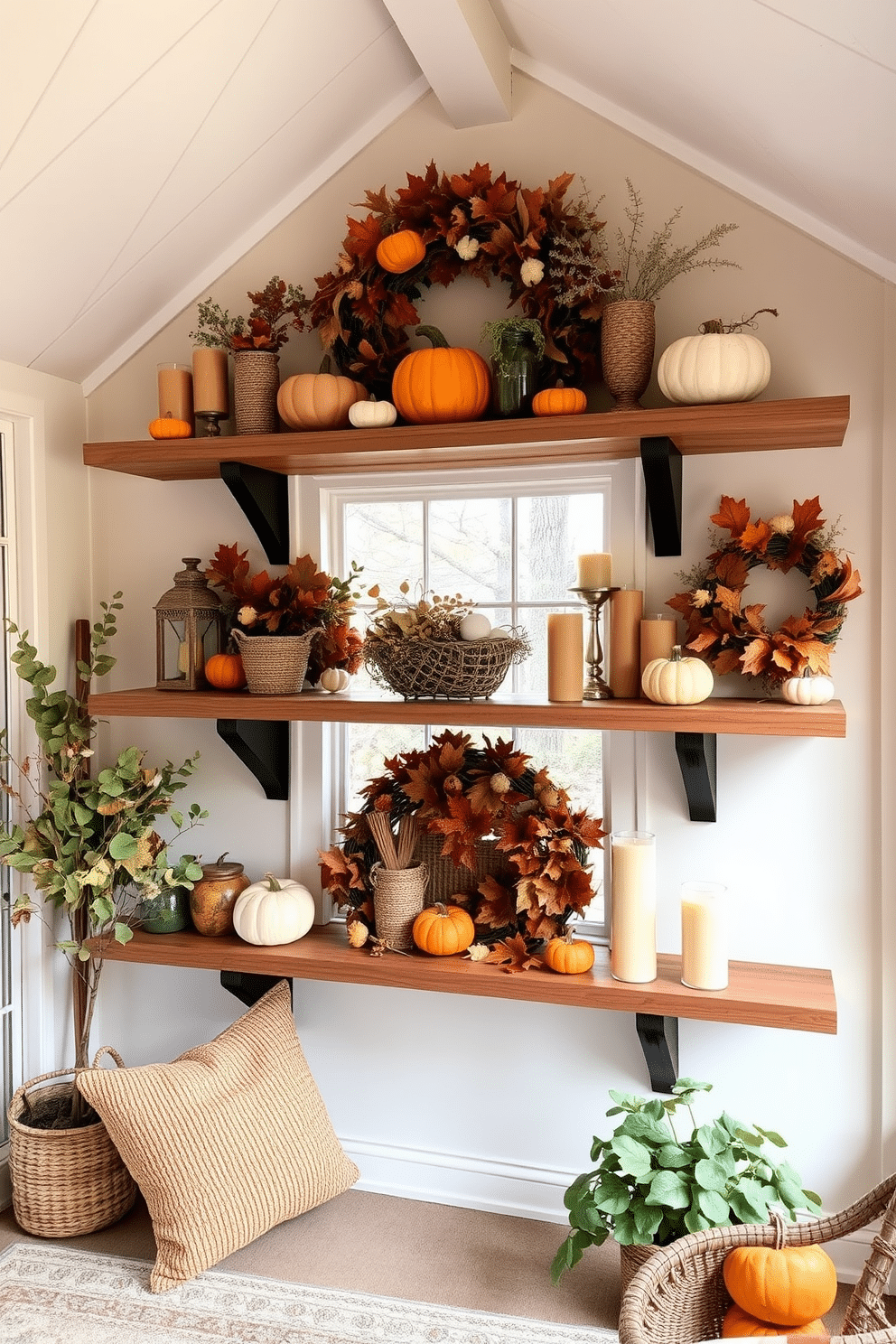 A cozy sunroom featuring rustic wooden shelves adorned with autumn decorations. The shelves are filled with pumpkins, gourds, and warm-toned candles, creating a festive Thanksgiving atmosphere.