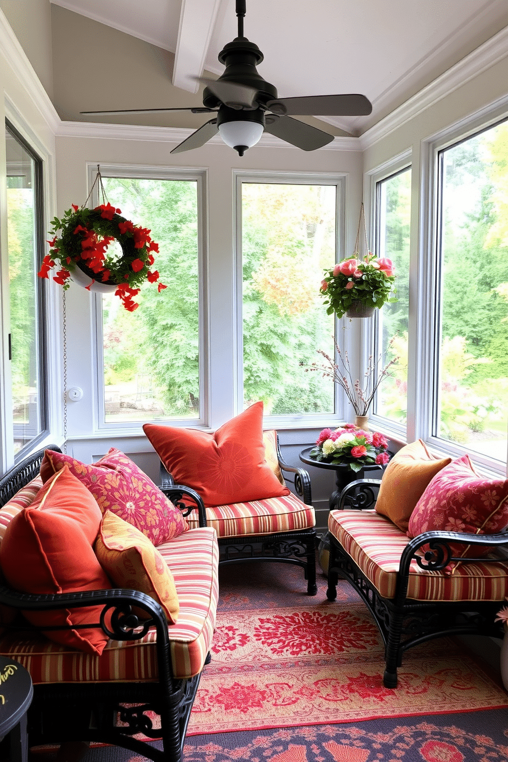 A cozy sunroom adorned with colorful cushions in fall hues. The cushions feature rich oranges, deep reds, and warm yellows, creating a vibrant and inviting atmosphere.