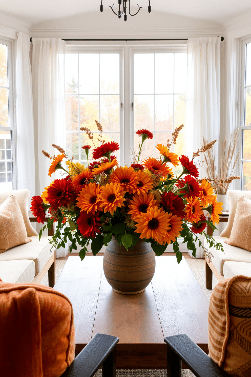 A sunroom filled with natural light showcases a stunning floral arrangement featuring seasonal blooms in warm autumn colors. The arrangement includes rich orange chrysanthemums, deep red dahlias, and golden sunflowers, artfully displayed in a rustic ceramic vase on a wooden coffee table. Surrounding the table, comfortable seating is adorned with cozy throw pillows in earthy tones. Large windows framed with sheer white curtains offer a picturesque view of the fall foliage outside, creating an inviting space for relaxation and gatherings.