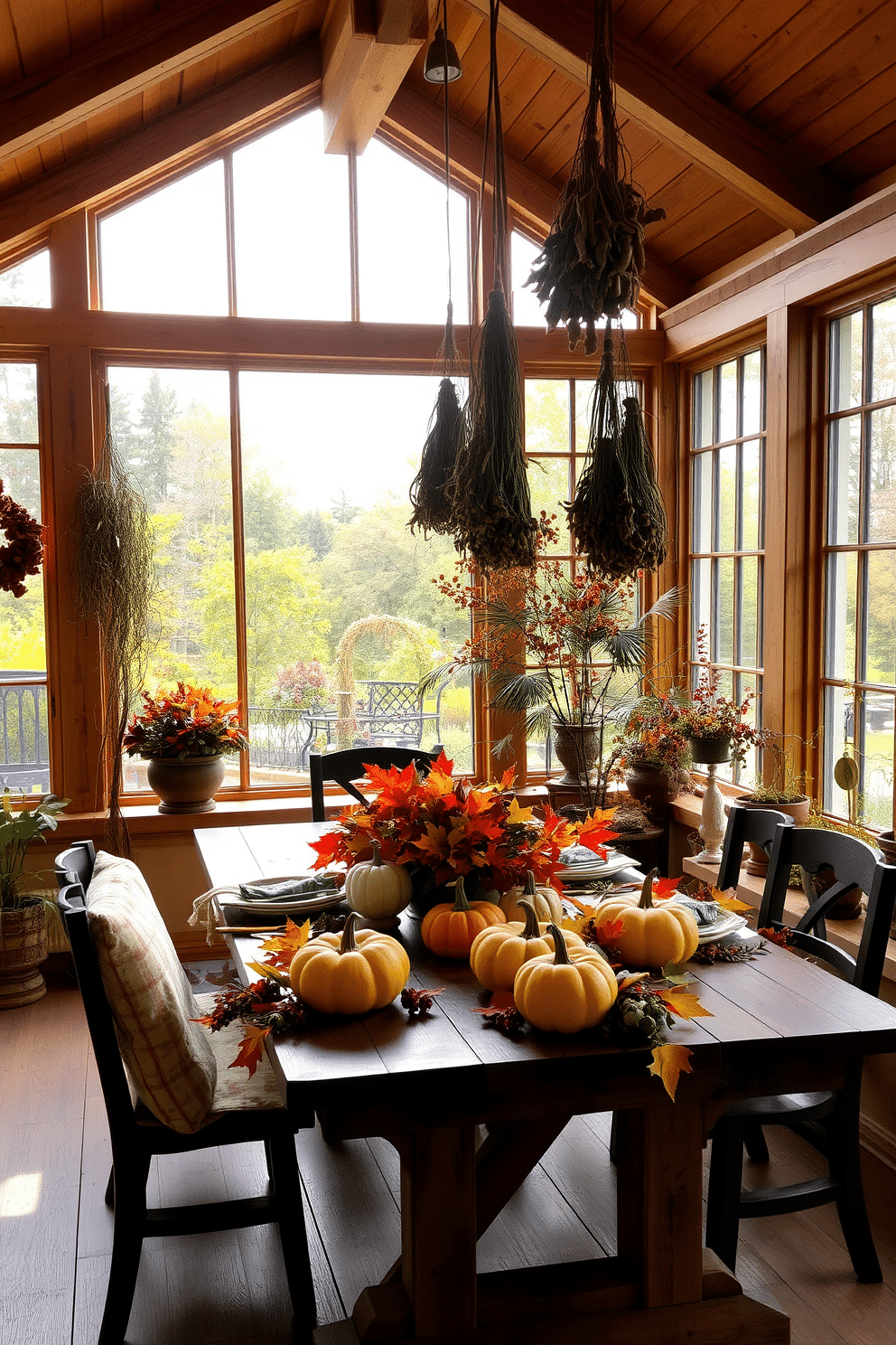 A cozy sunroom filled with natural light and warmth. The walls are adorned with rustic wooden beams and large windows that overlook a vibrant garden. Hanging dried herbs from the ceiling adds a charming touch and fills the space with delightful fragrances. A wooden table is set with seasonal decorations, featuring pumpkins and autumn leaves for a festive Thanksgiving atmosphere.