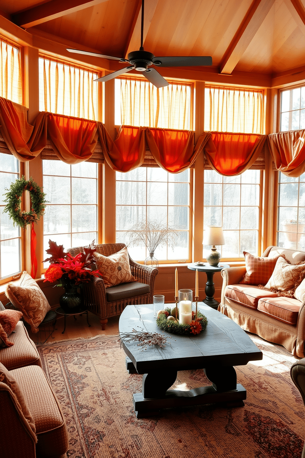 A sunroom filled with natural light and warmth. The windows are adorned with warm-toned curtains that create a cozy atmosphere. Plush seating in rich autumn colors invites relaxation. A rustic wooden coffee table sits at the center, decorated with seasonal decorations and candles.