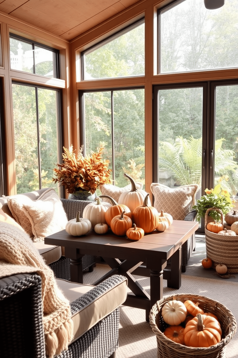 A cozy sunroom filled with decorative pumpkins in various sizes, arranged on a rustic wooden table. Soft natural light filters through large windows, highlighting the warm autumn colors and creating an inviting atmosphere. Plush seating with throw pillows complements the seasonal decor, while a woven basket filled with smaller pumpkins sits in the corner. A backdrop of leafy plants adds a touch of nature, enhancing the festive Thanksgiving spirit.