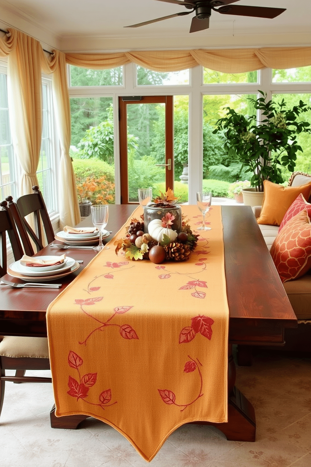 A nature-inspired table runner for Thanksgiving features a backdrop of rich autumn colors with leaves and acorns delicately embroidered along the edges. The runner is laid across a rustic wooden dining table, complemented by elegant dinnerware and seasonal centerpieces. In the sunroom, decorate with soft, flowing curtains that allow natural light to filter through while showcasing views of the garden. Incorporate comfortable seating with earthy tones and vibrant throw pillows to create a cozy, inviting atmosphere.