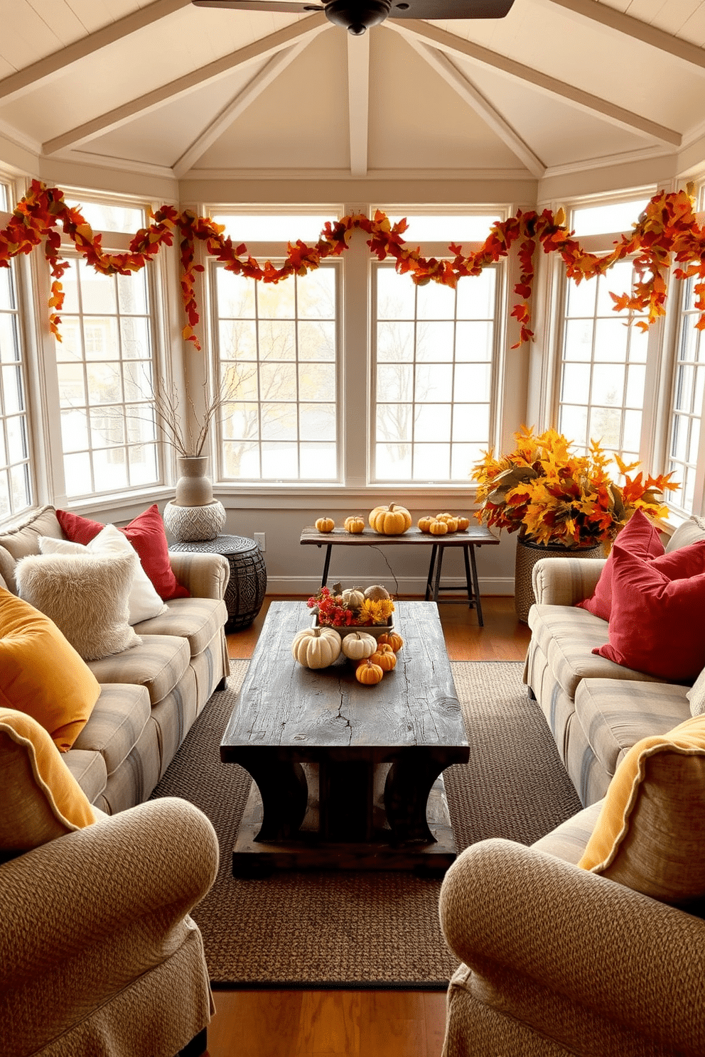 A cozy sunroom filled with natural light. Comfortable seating arrangements feature oversized pillows in warm autumn colors, creating an inviting atmosphere for Thanksgiving gatherings. The walls are adorned with seasonal decorations, including garlands of fall leaves and small pumpkins. A rustic wooden coffee table sits at the center, surrounded by plush seating that encourages relaxation and conversation.