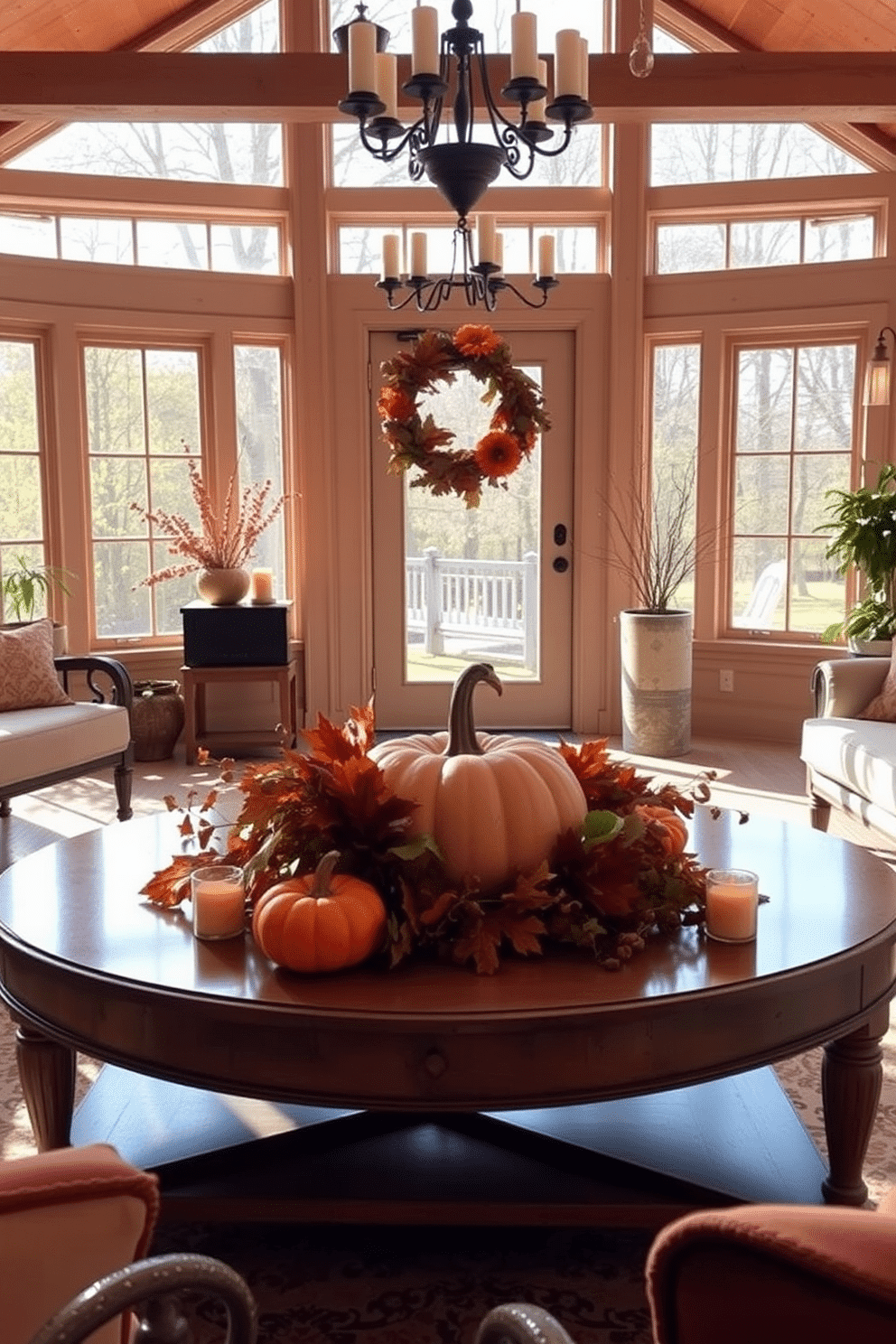 A warm and inviting sunroom filled with natural light. The coffee table features a stunning pumpkin centerpiece surrounded by seasonal foliage and candles.